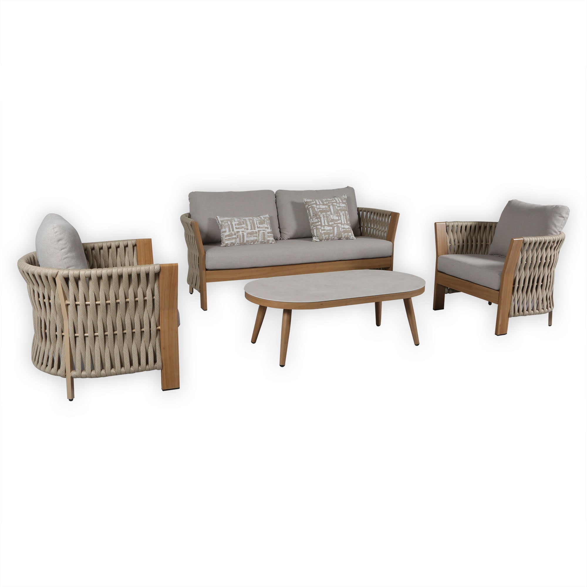Due in 15/06/26 |Orion Range Natural Rope & Wood-Effect Aluminium Sofa Set | Premium Outdoor Lounge Furniture