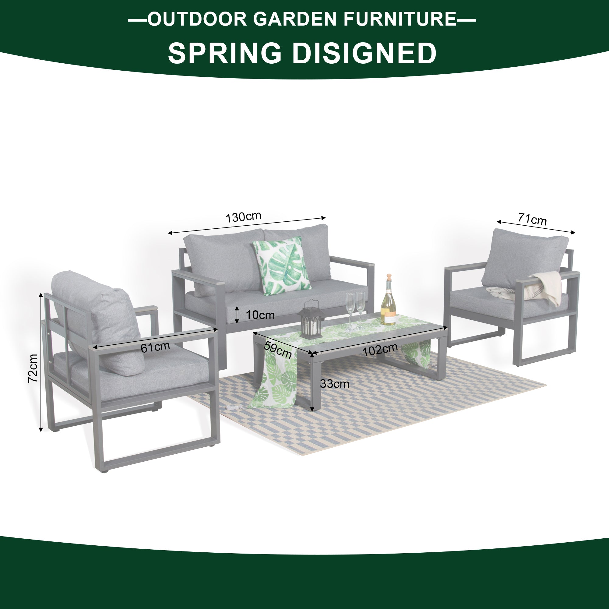 Dune Range Large Sofa Set Charcoal Aluminium Frame With Grey Cushions