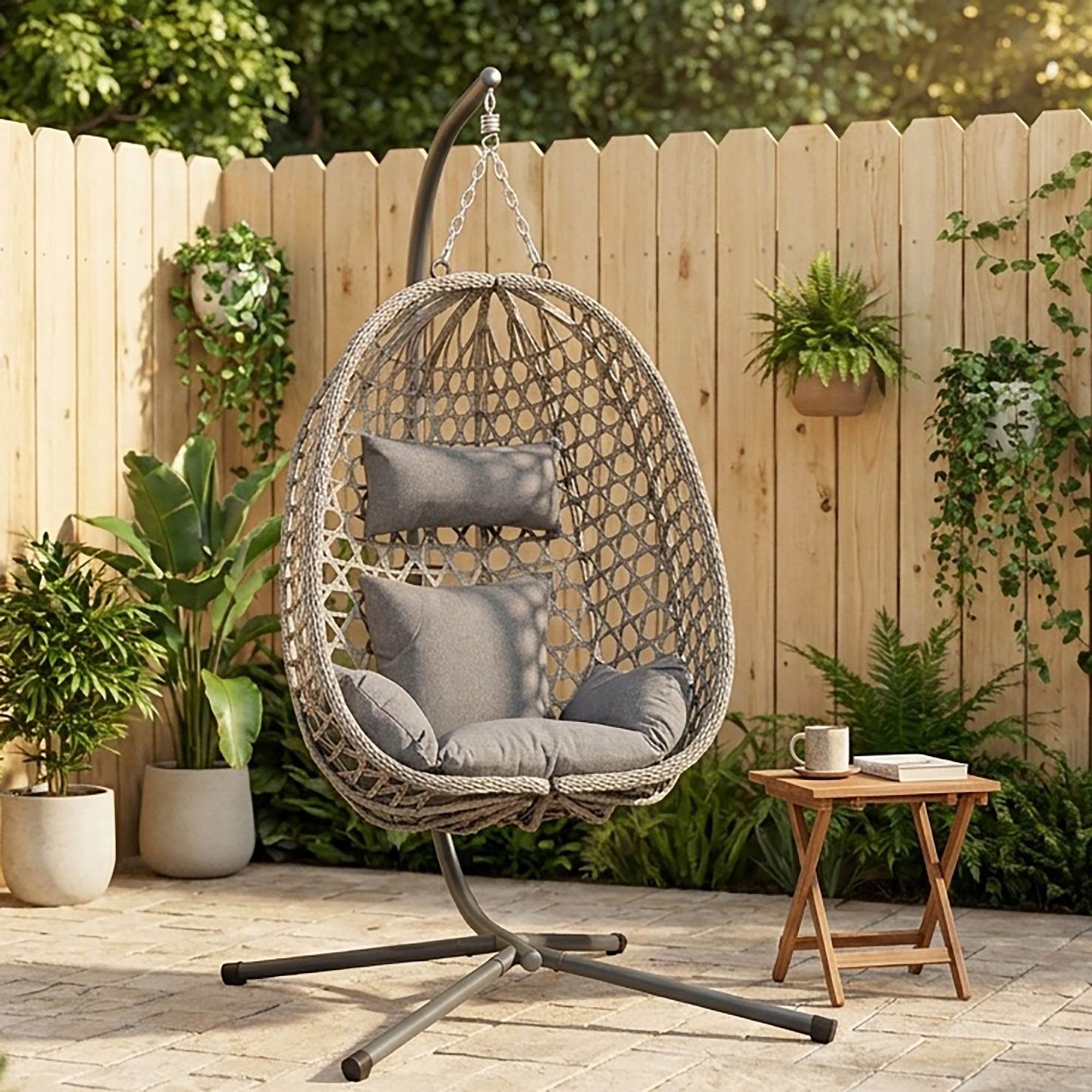 Nest Hanging Egg Chair with Stand, Thick Showerproof Cushions, for Living Room,Balcony or Outdoor, Grey Weave & Black Stand (RR-EC-02)