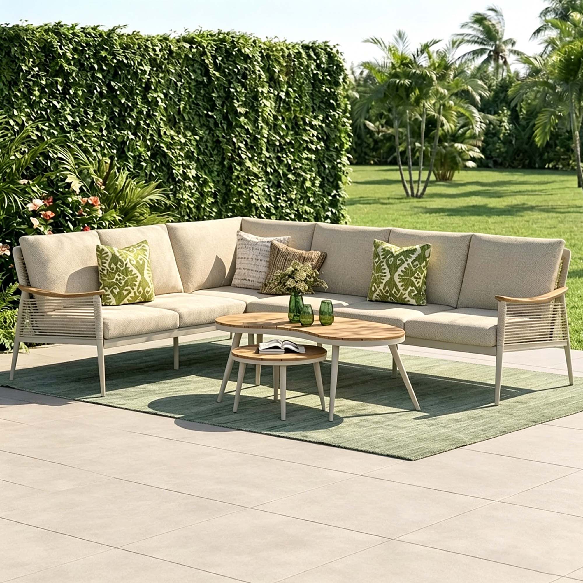 Berne Range Modular Corner Sofa Rope Set with 2 Coffee Tables with Teak Wood Top