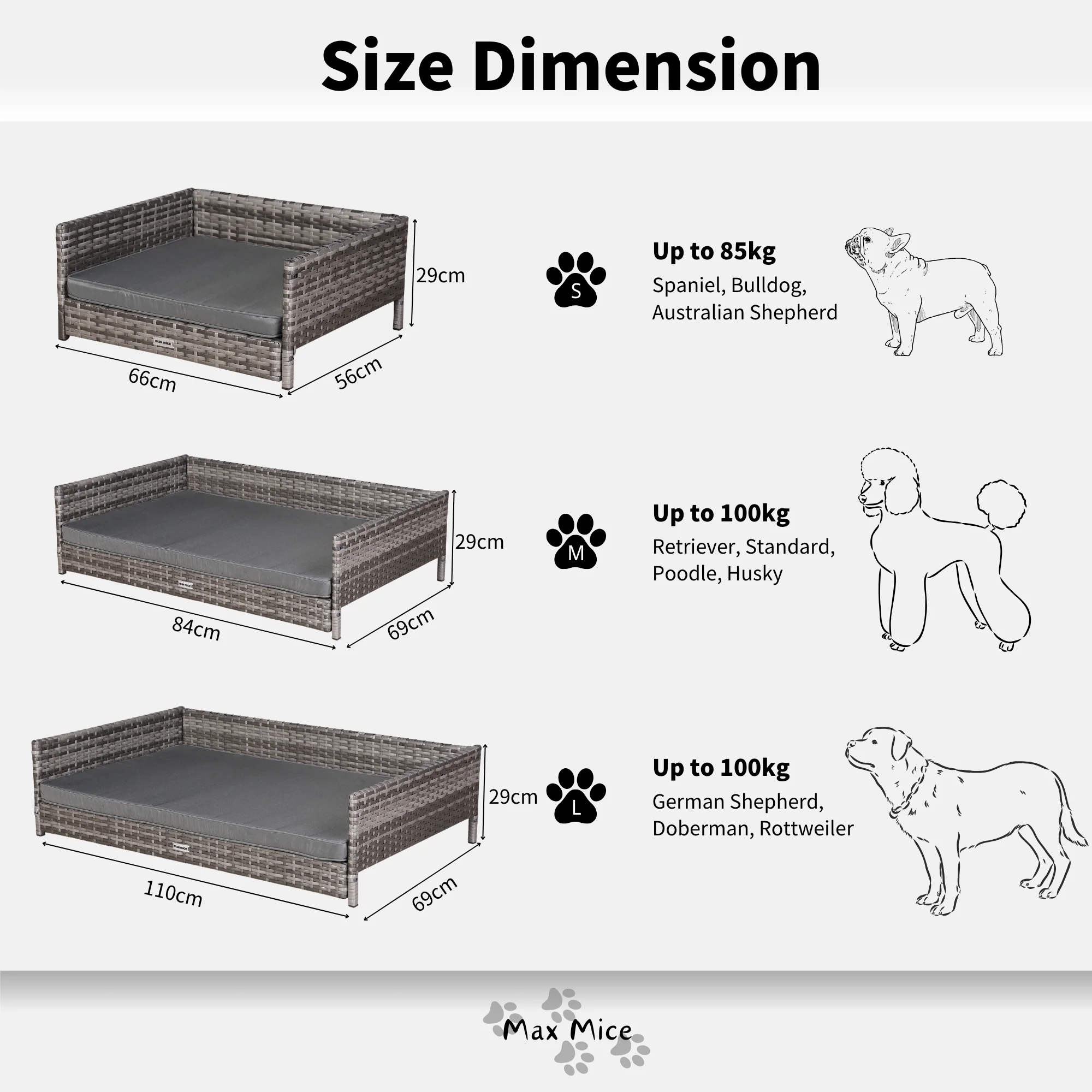 Nest Range - Wicker Raised Dog House | Rattan Dog Bed for Indoor/Outdoor with Removable Roof & Cushion (Grey) - Available in S, M, L