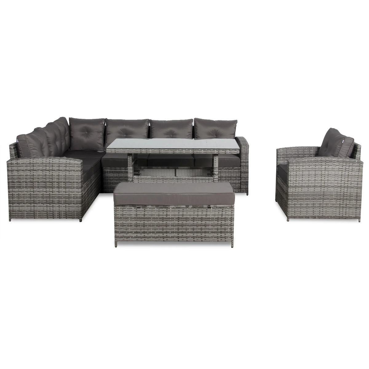 SALE | Henley Range Elite Lhf Corner Sofa Set with Dining Table and Arm Chair in Grey Rattan