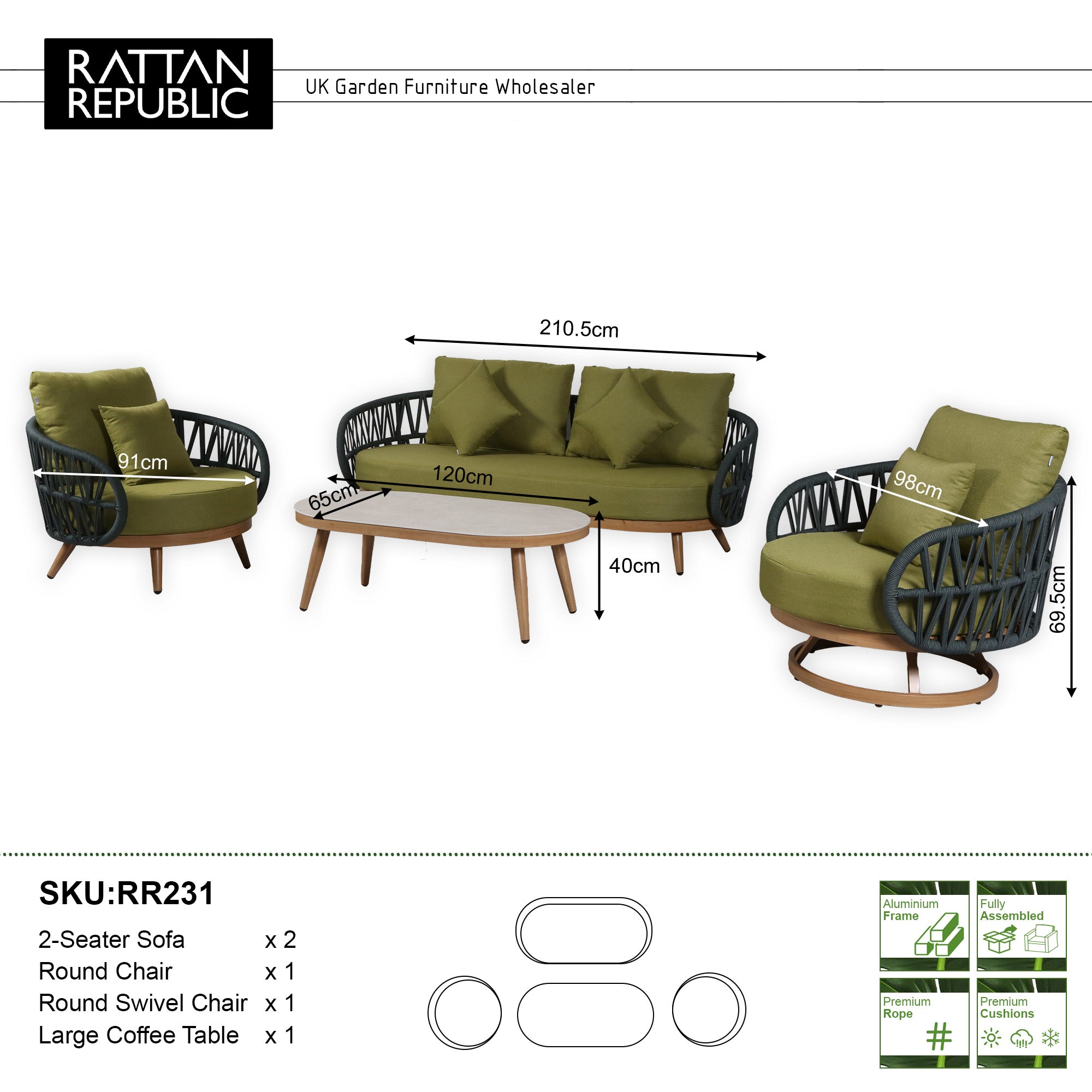 Due in 15/06/26 | Luna Range Olive Green & Anthracite Rope Sofa Set | Premium Outdoor Lounge Furniture