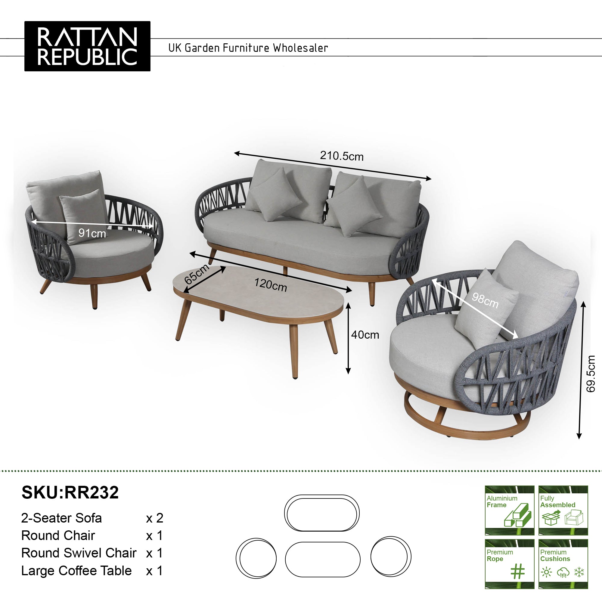 Due in 15/06/26 |Luna Range White & Anthracite Rope Sofa Set | Premium Outdoor Lounge Furniture
