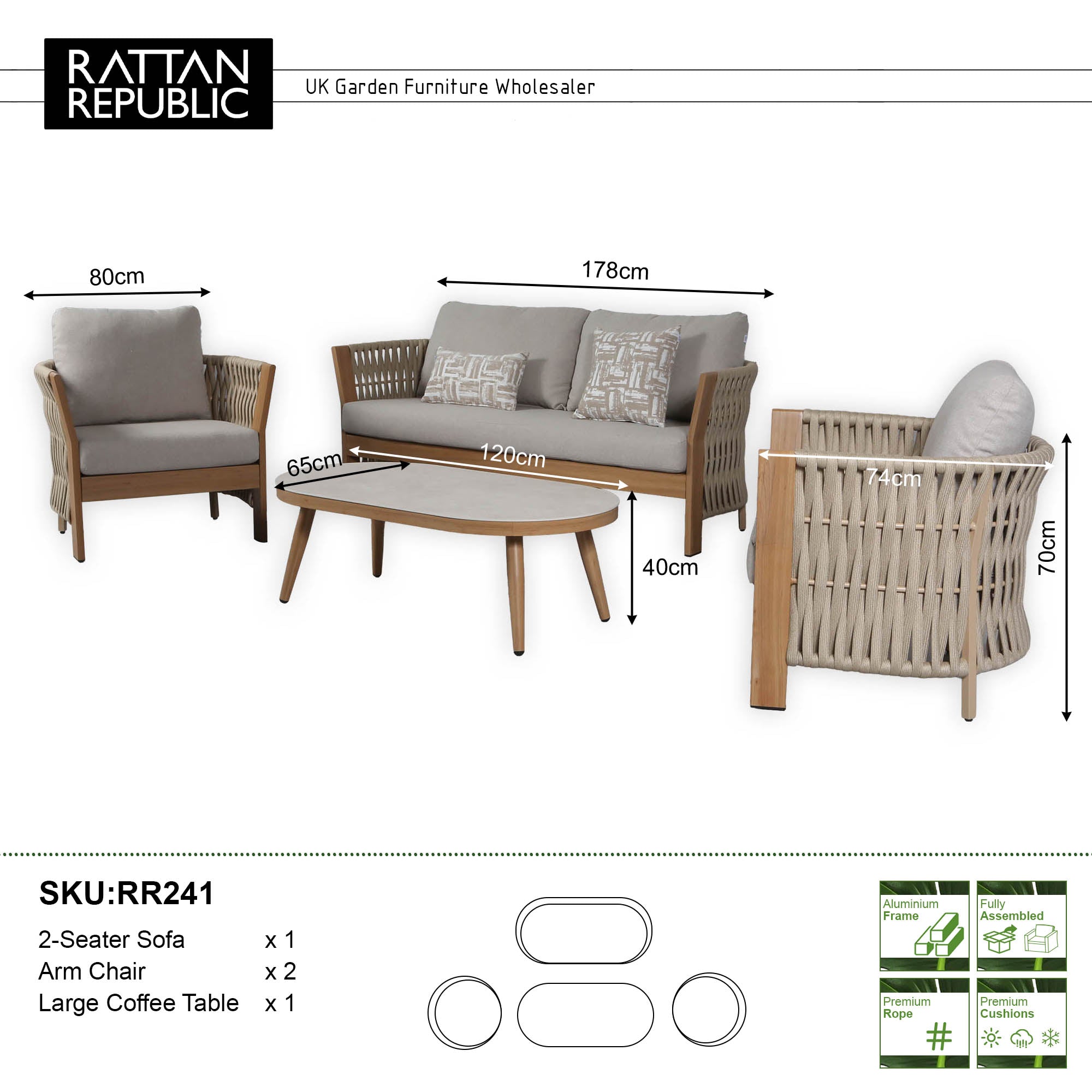 Due in 15/06/26 |Orion Range Natural Rope & Wood-Effect Aluminium Sofa Set | Premium Outdoor Lounge Furniture