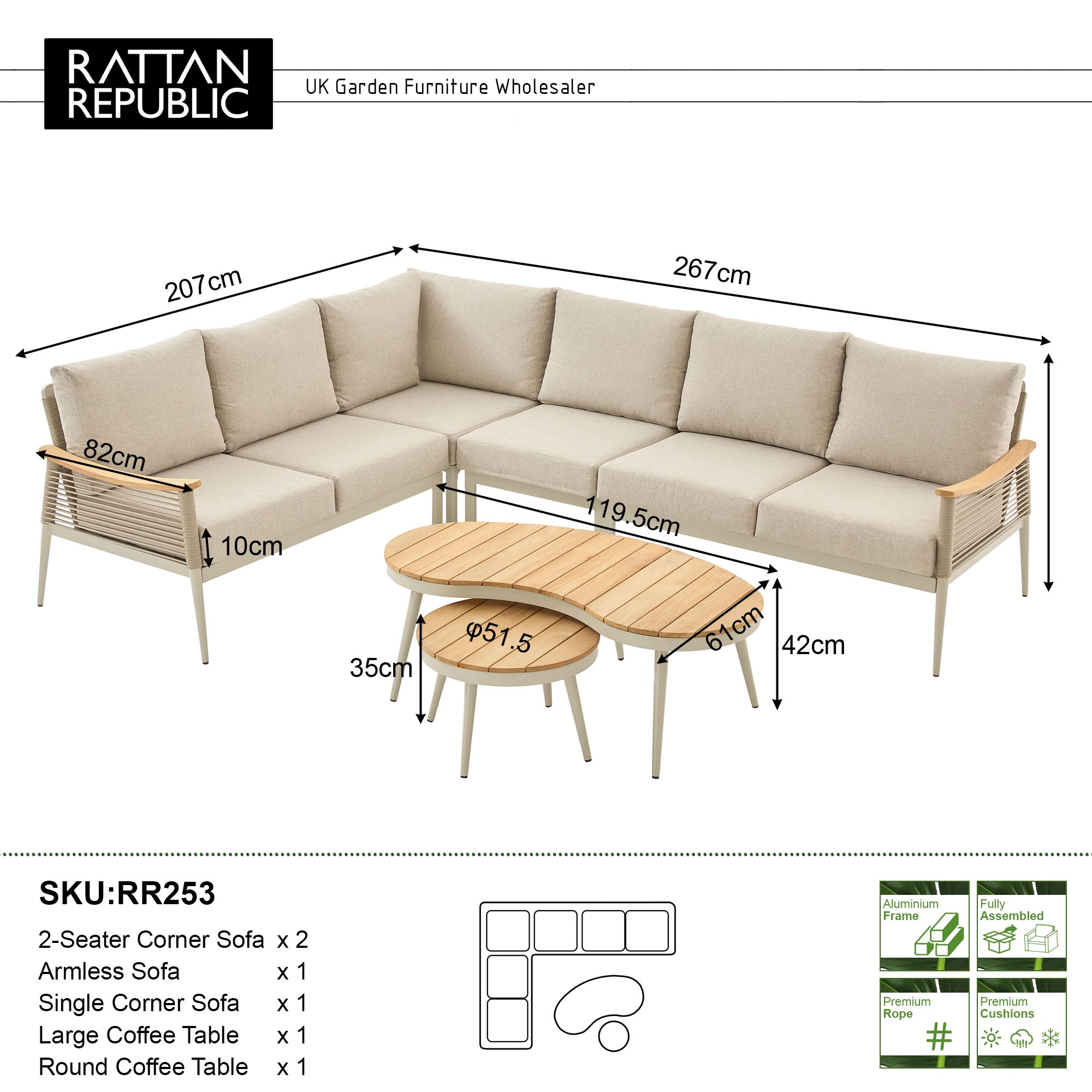 Berne Range Modular Corner Sofa Rope Set with 2 Coffee Tables with Teak Wood Top