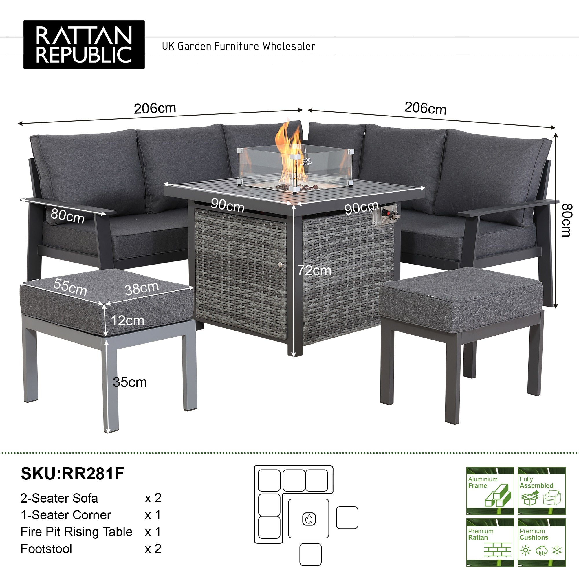 Titan Range Square Corner Sofa Set with Fire Pit Table