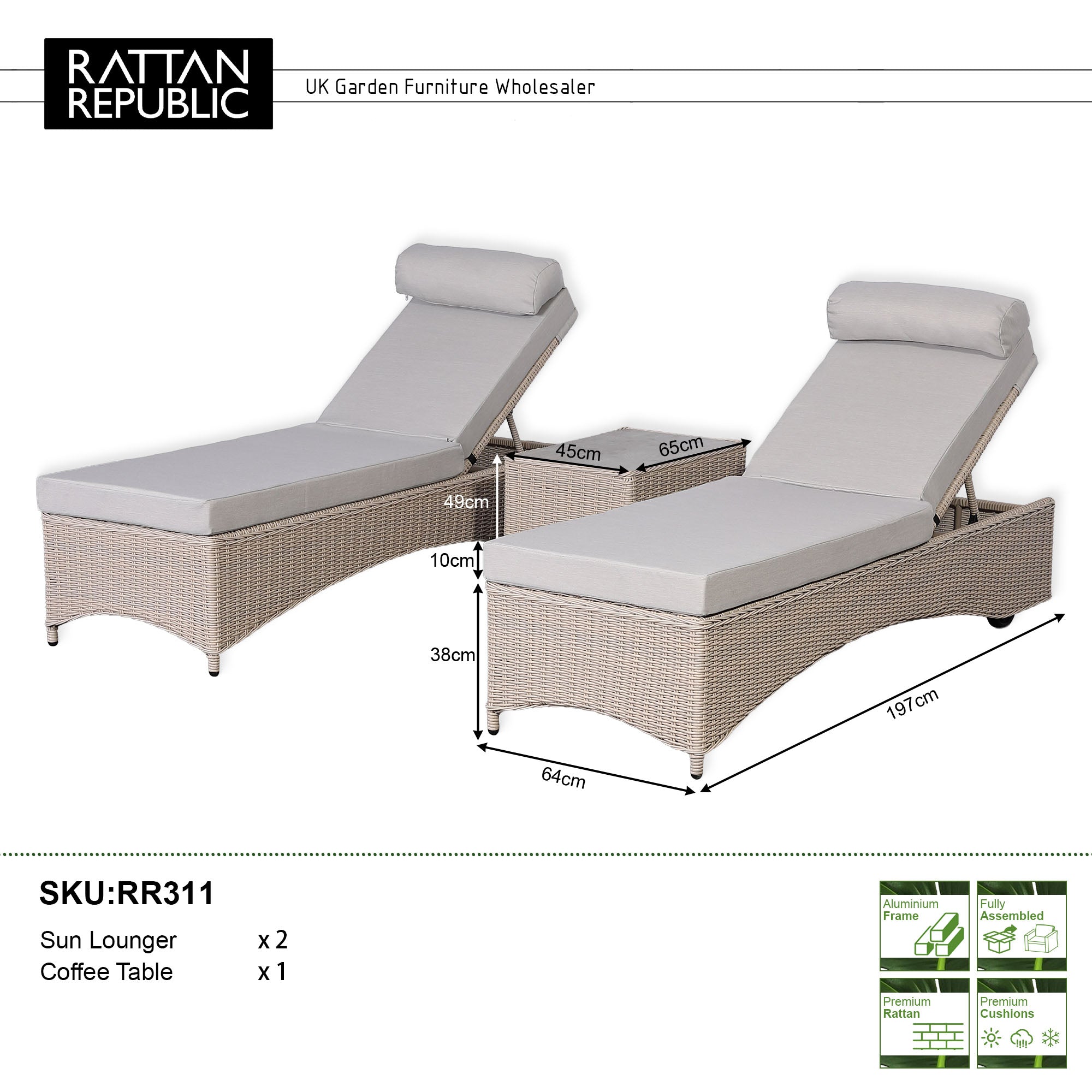 Oxford Range Reclining Sun Lounger Set with Storage Side Table
