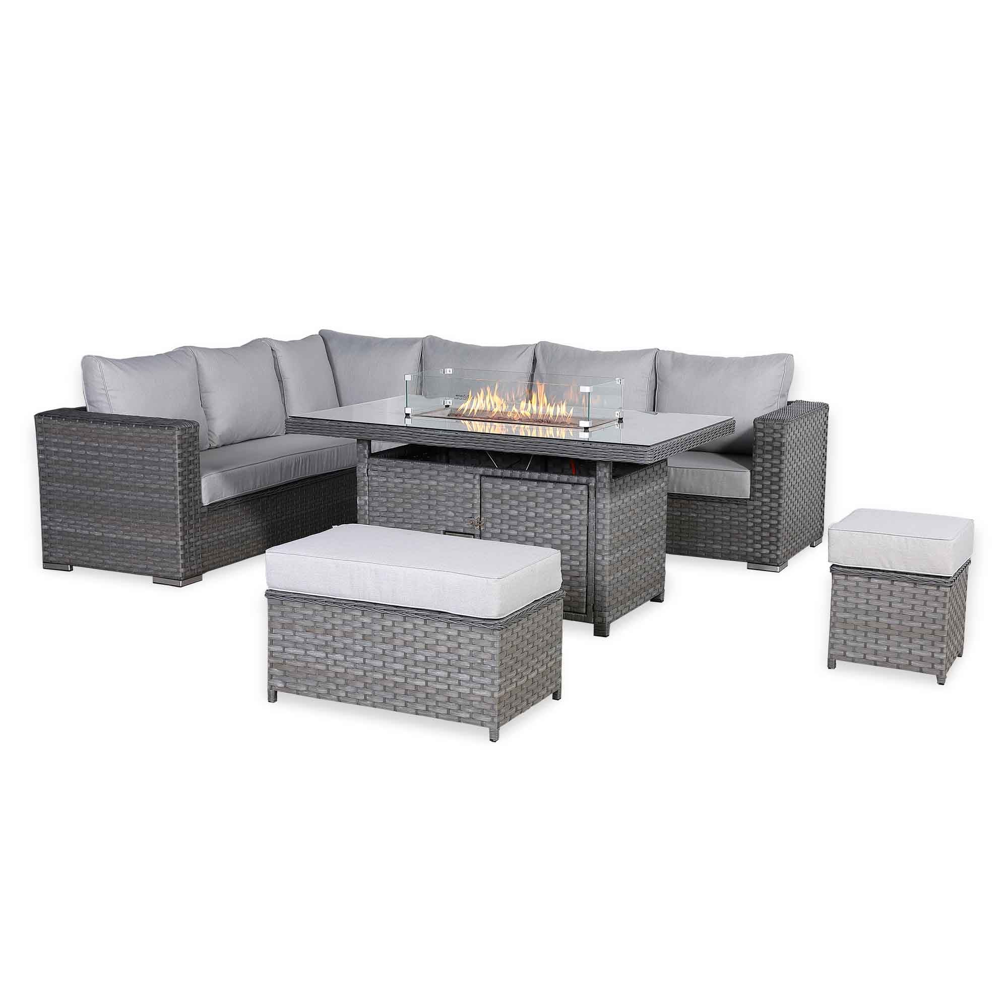 Catalina Range Modular Corner Sofa Set with Fire Pit Table in Large Grey Rattan