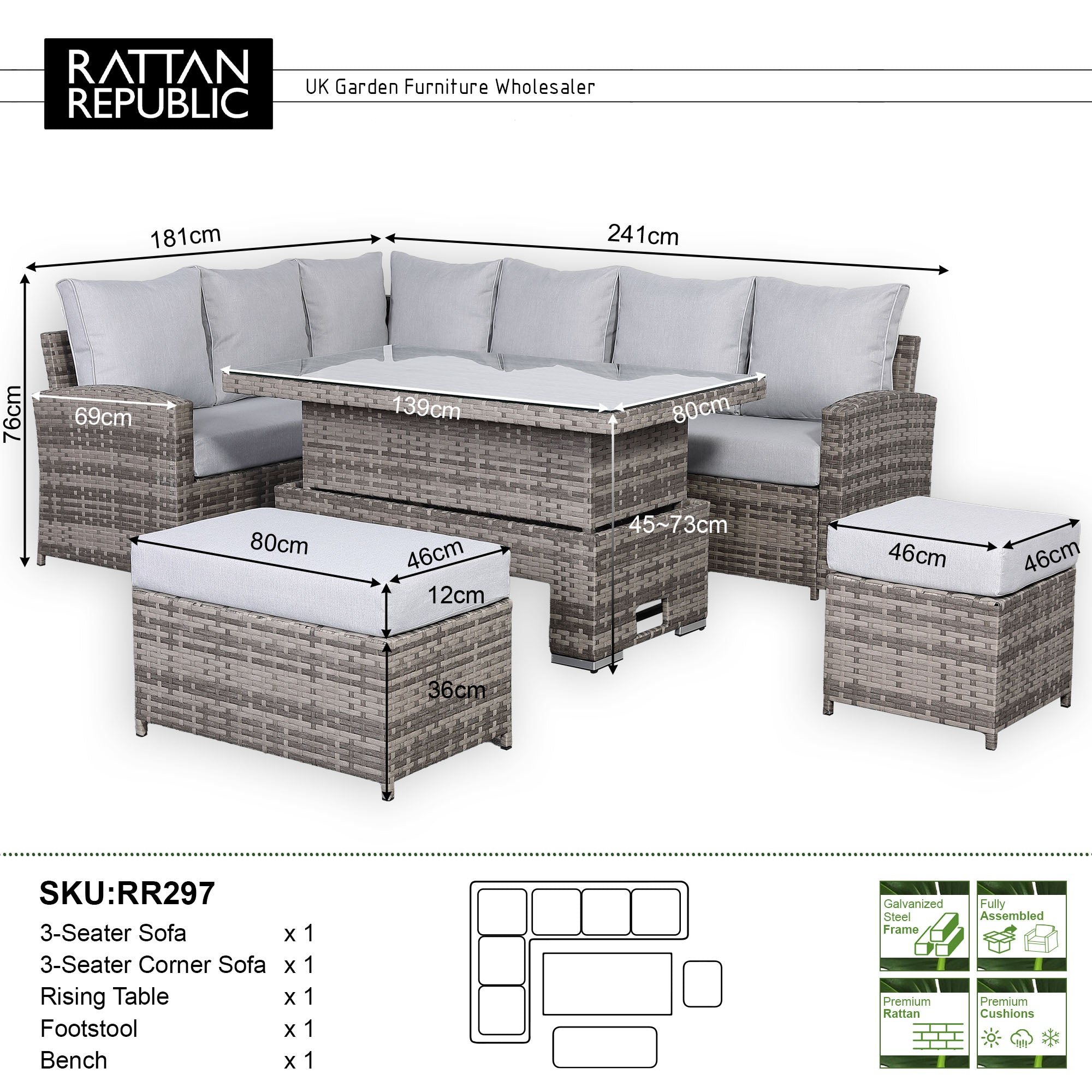 Sloane Range Left Hand Corner Sofa Set with Rising Table in Rustic Grey Weave (2021 version)