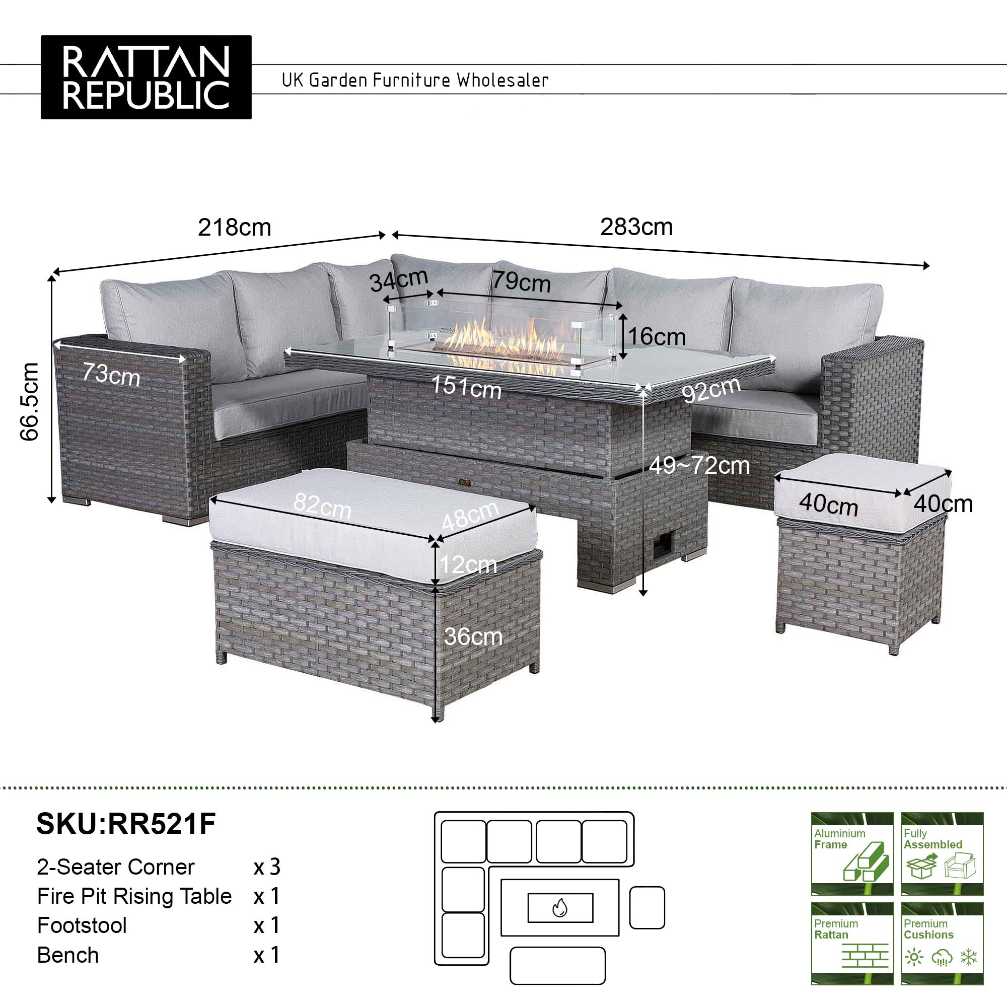 Catalina Range Modular Corner Sofa Set with Fire Pit Rising Table