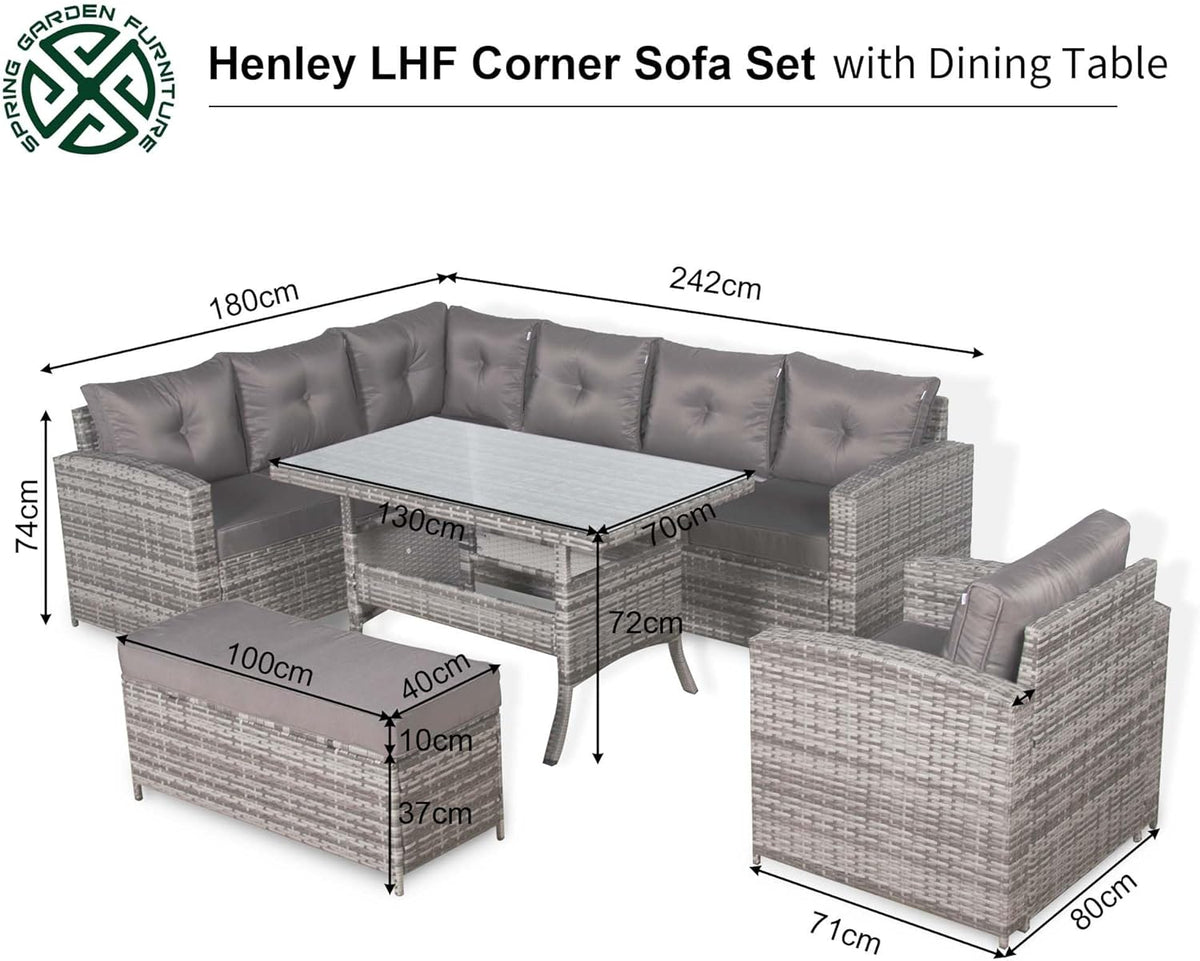SALE | Henley Range Elite Lhf Corner Sofa Set with Dining Table and Arm Chair in Grey Rattan