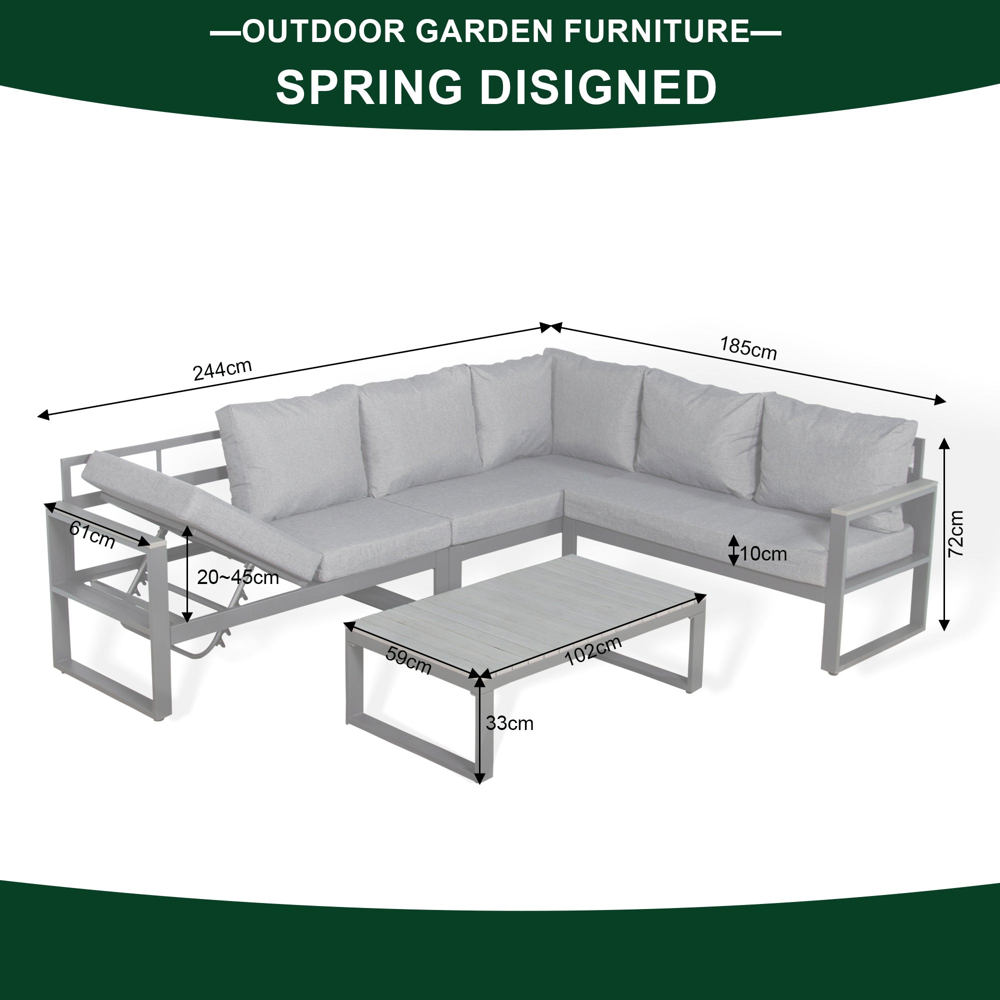 Dune Range RHF Corner Set Charcoal Aluminium Frame With Grey Cushions