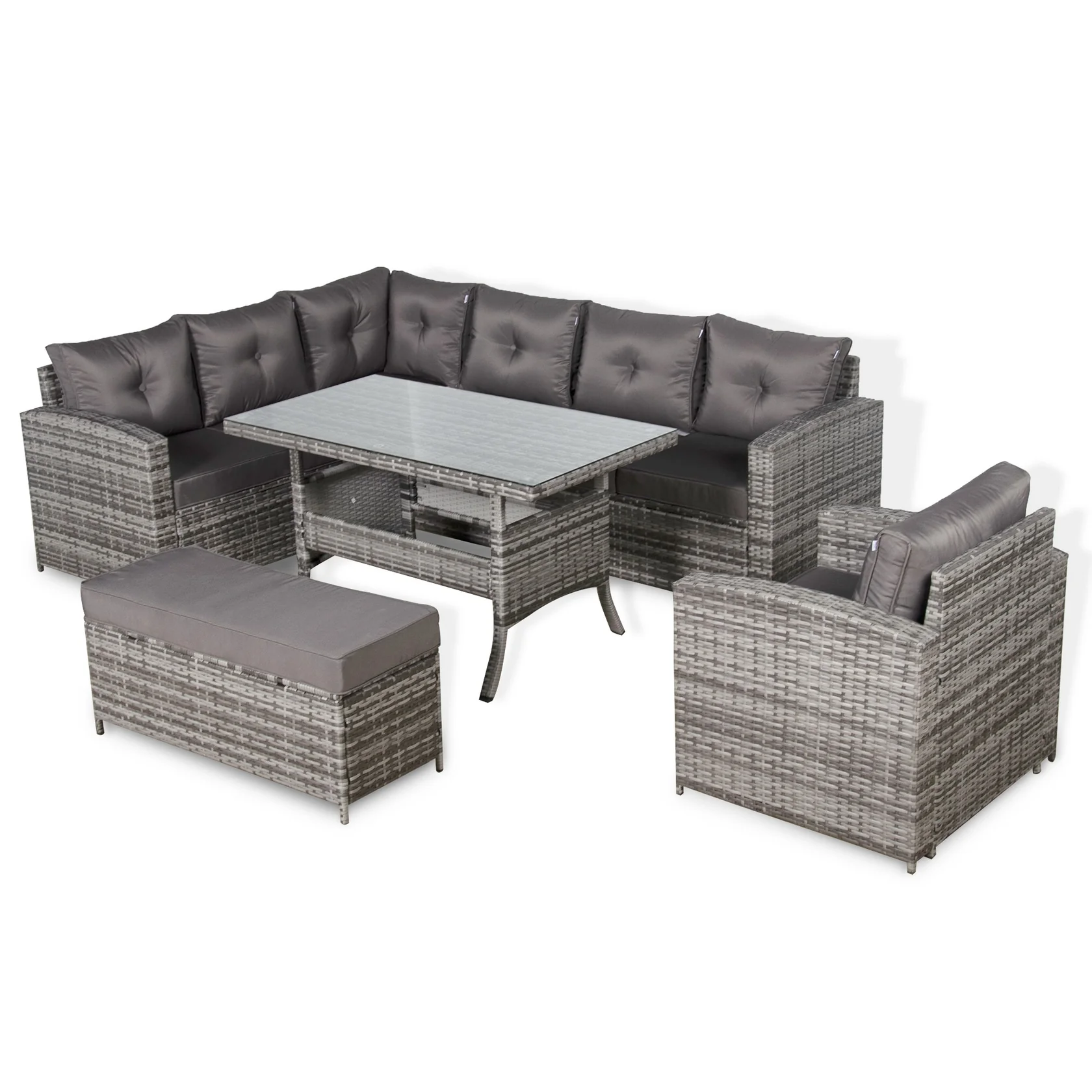 SALE | Henley Range Elite Lhf Corner Sofa Set with Dining Table and Arm Chair in Grey Rattan