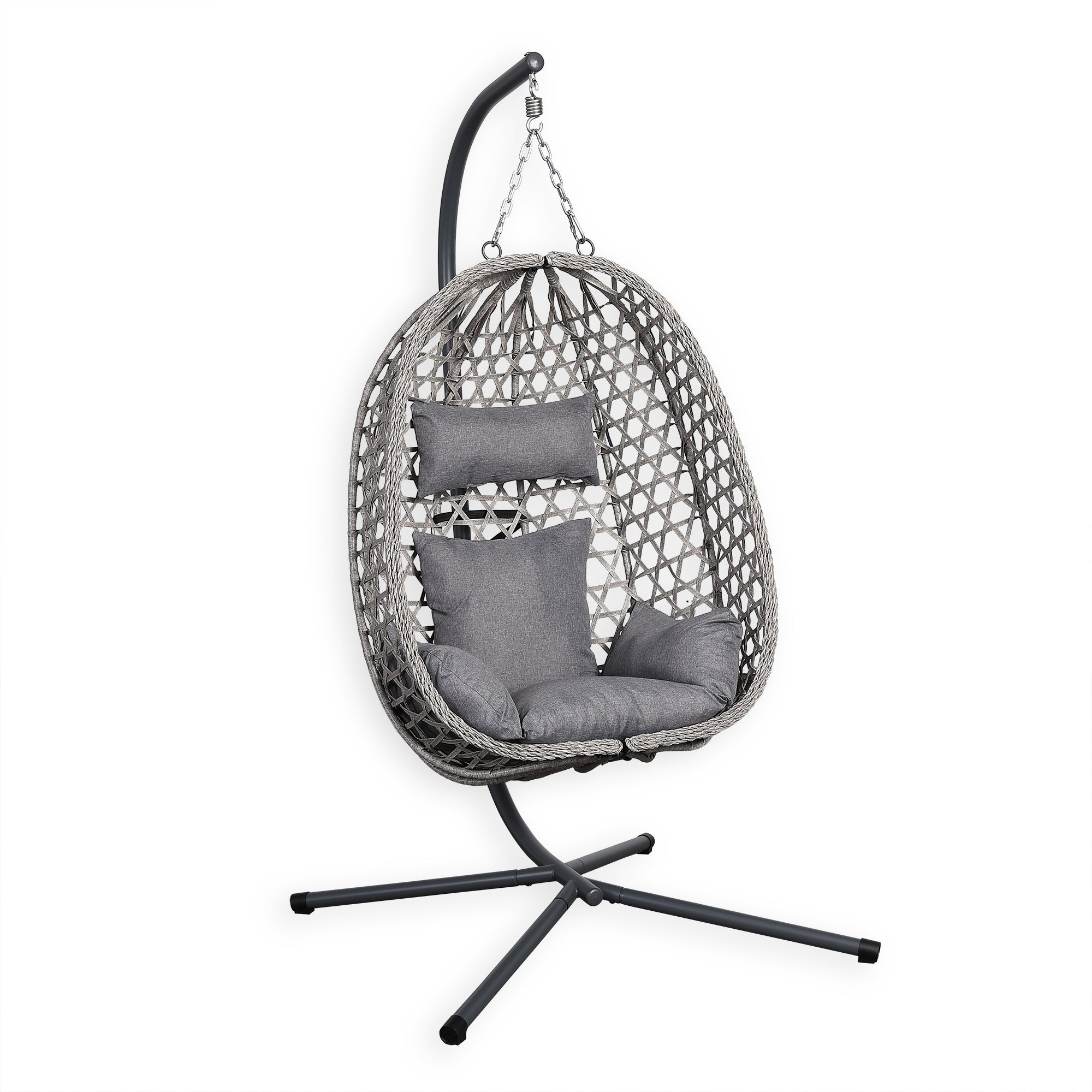 Nest Hanging Egg Chair with Stand, Thick Showerproof Cushions, for Living Room,Balcony or Outdoor, Grey Weave & Black Stand (RR-EC-02)