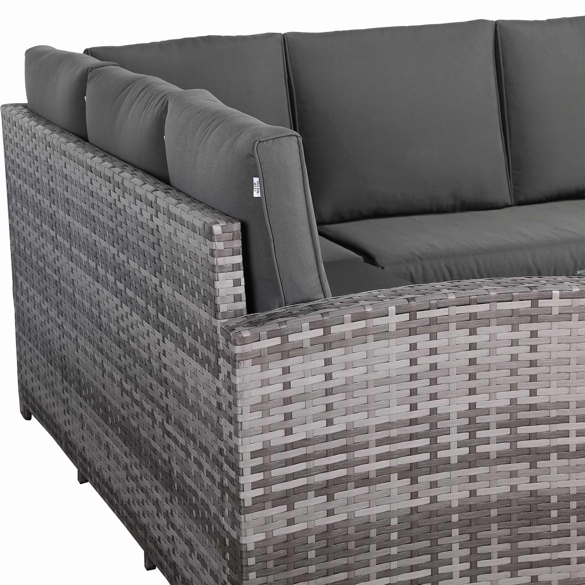 IN STOCK |Florida Elite Outdoor 6-Seater High Back Rattan Corner Sofa Set | Rising Dining Table, Footstool & Grey Cushions