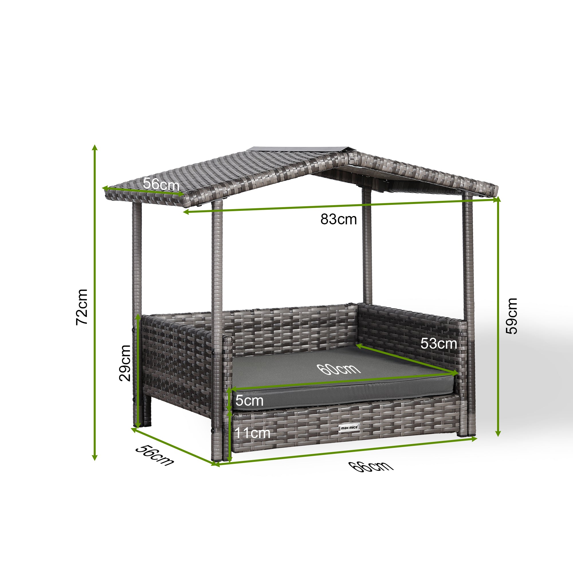 Nest Range - Wicker Raised Dog House | Rattan Dog Bed for Indoor/Outdoor with Removable Roof & Cushion (Grey) - Available in S, M, L