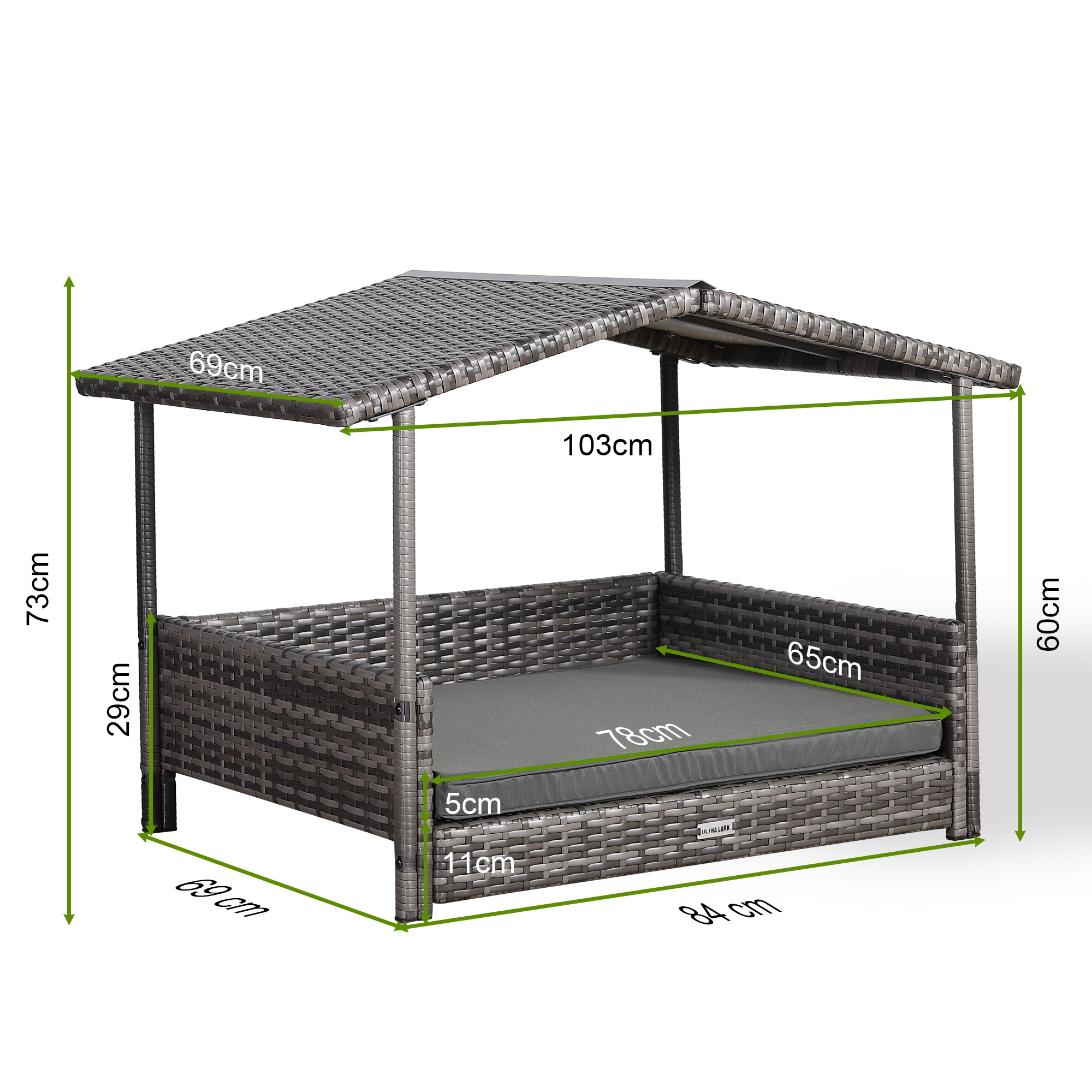 Nest Range - Wicker Raised Dog House | Rattan Dog Bed for Indoor/Outdoor with Removable Roof & Cushion (Grey) - Available in S, M, L