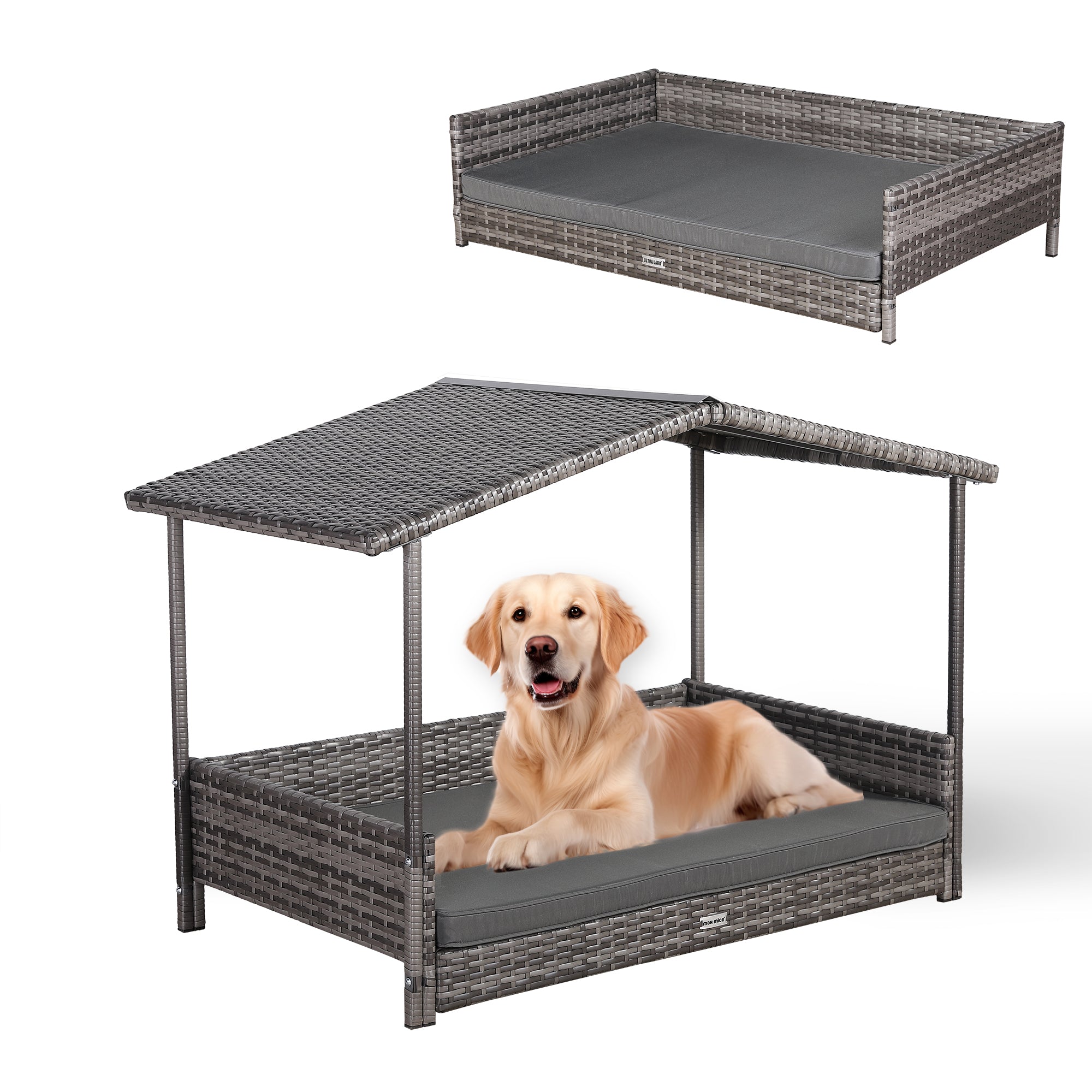Nest Range - Wicker Raised Dog House | Rattan Dog Bed for Indoor/Outdoor with Removable Roof & Cushion (Grey) - Available in S, M, L