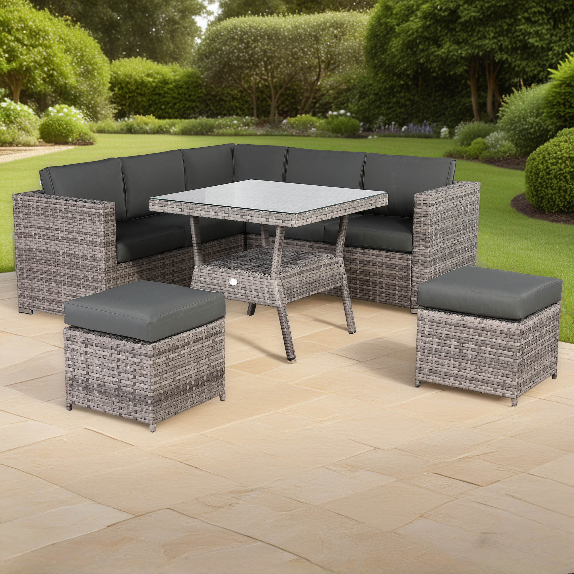 IN STOCK | Bristol 7-Seater Rattan Corner Sofa Dining Set | All-Weather Patio Sectional with Dining Table & Footstools