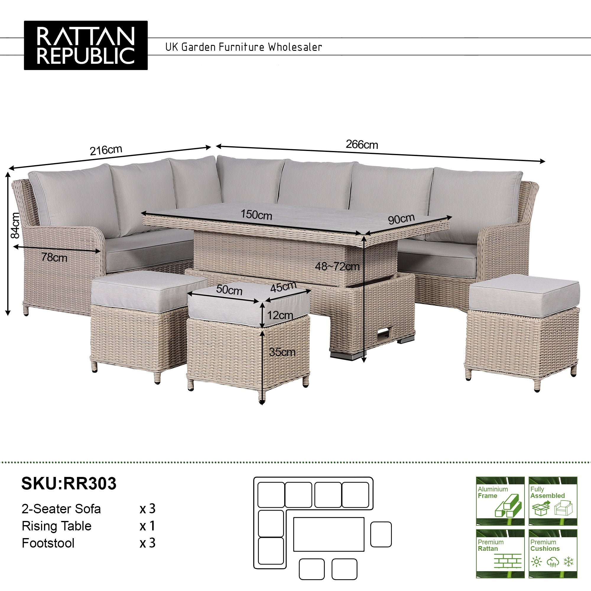 Oxford Range Left Hand Corner Sofa Set with Footstools and Rising Table