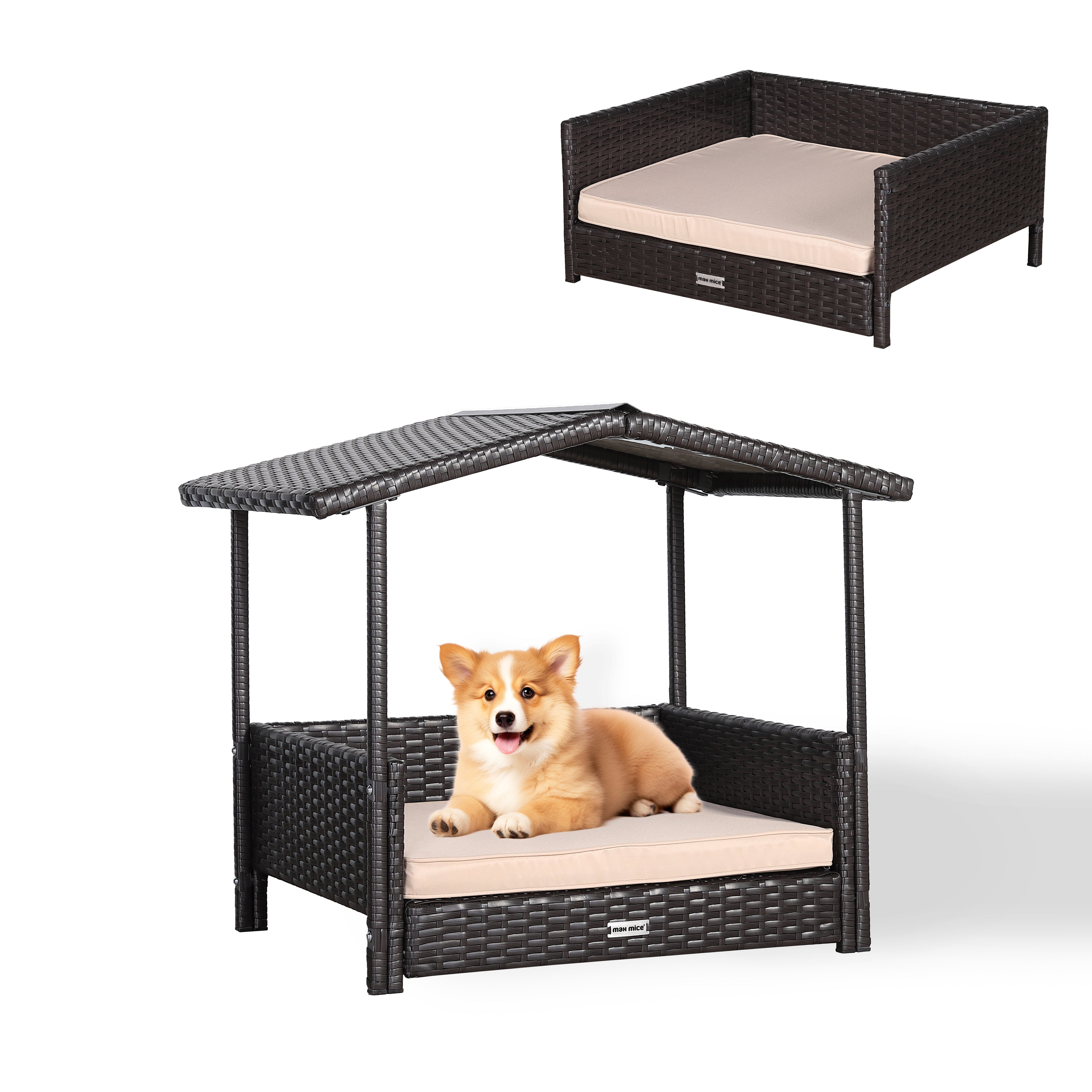 Nest Range - Wicker Raised Dog House | Rattan Dog Bed for Indoor/Outdoor with Removable Roof & Cushion (Brown) - Available in S, M, L