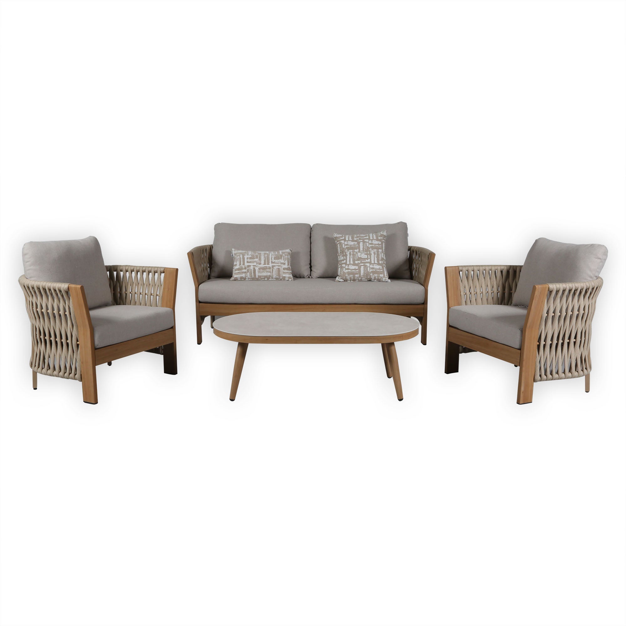Due in 15/06/26 |Orion Range Natural Rope & Wood-Effect Aluminium Sofa Set | Premium Outdoor Lounge Furniture