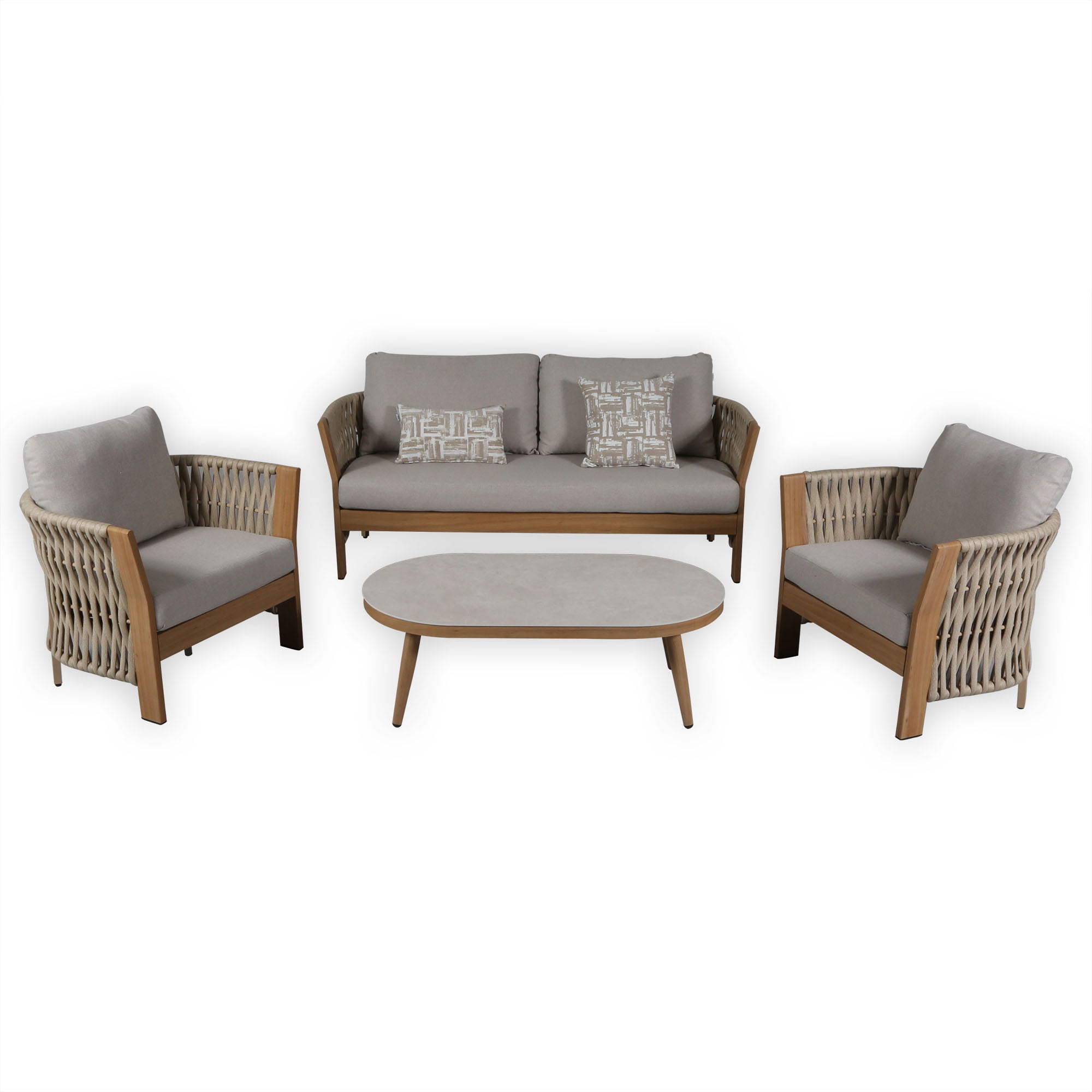 Due in 15/06/26 |Orion Range Natural Rope & Wood-Effect Aluminium Sofa Set | Premium Outdoor Lounge Furniture