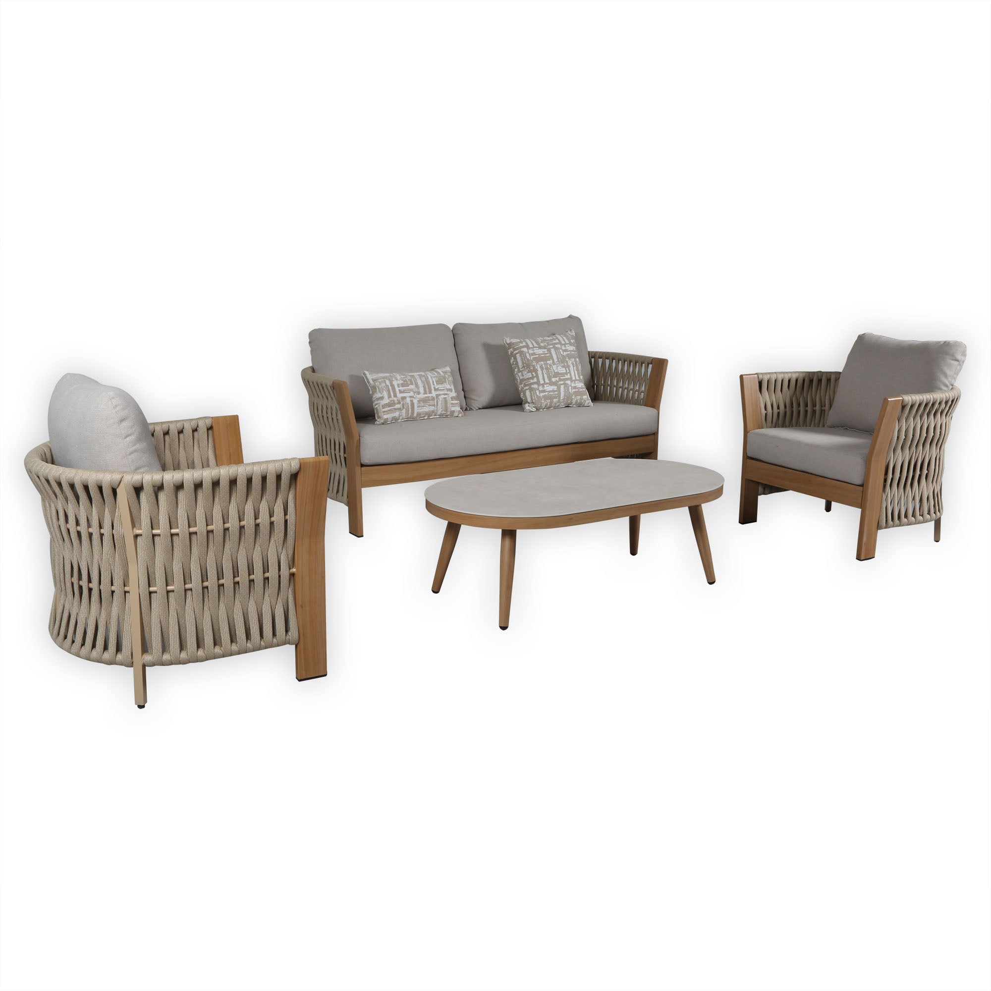 Due in 15/06/26 |Orion Range Natural Rope & Wood-Effect Aluminium Sofa Set | Premium Outdoor Lounge Furniture