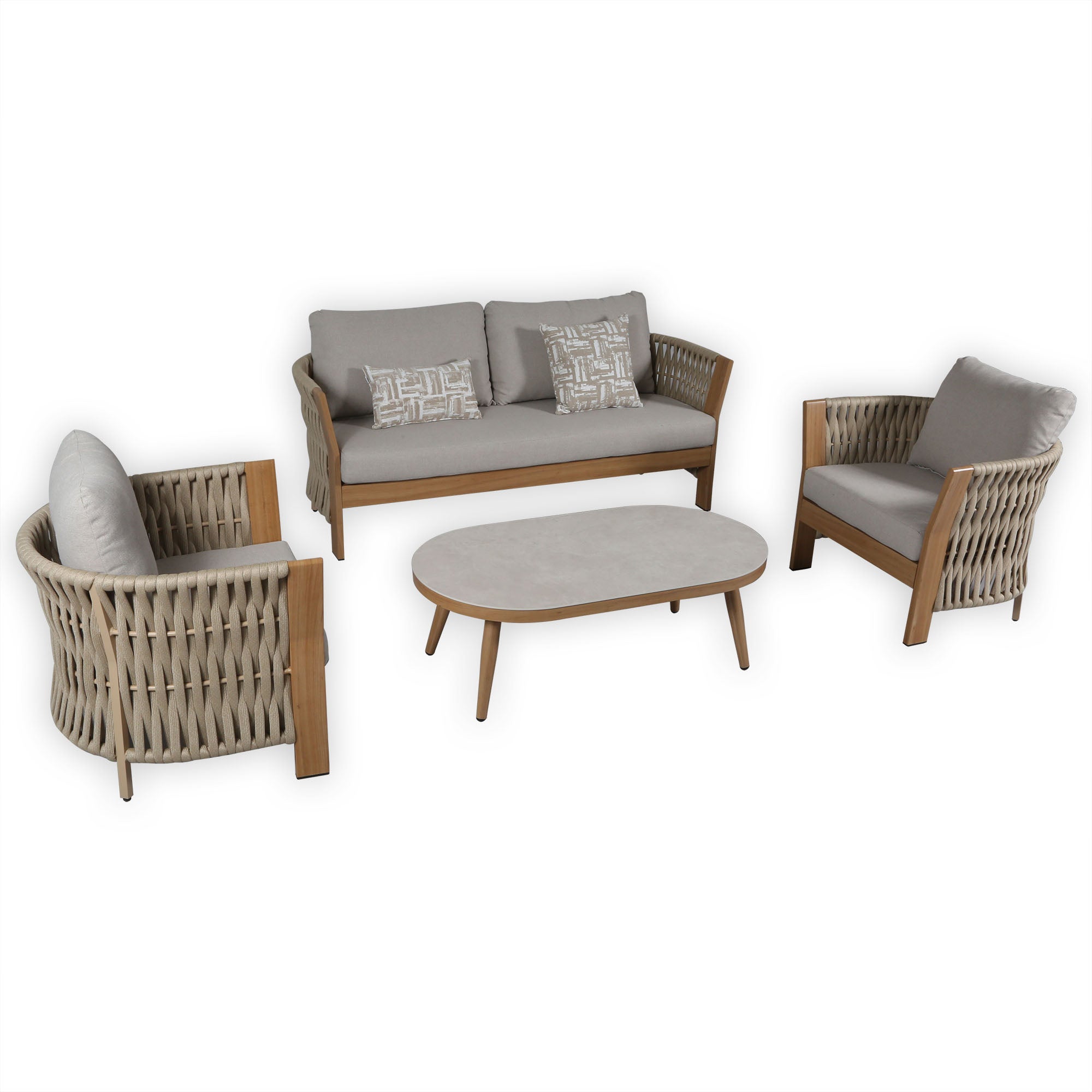 Due in 15/06/26 |Orion Range Natural Rope & Wood-Effect Aluminium Sofa Set | Premium Outdoor Lounge Furniture