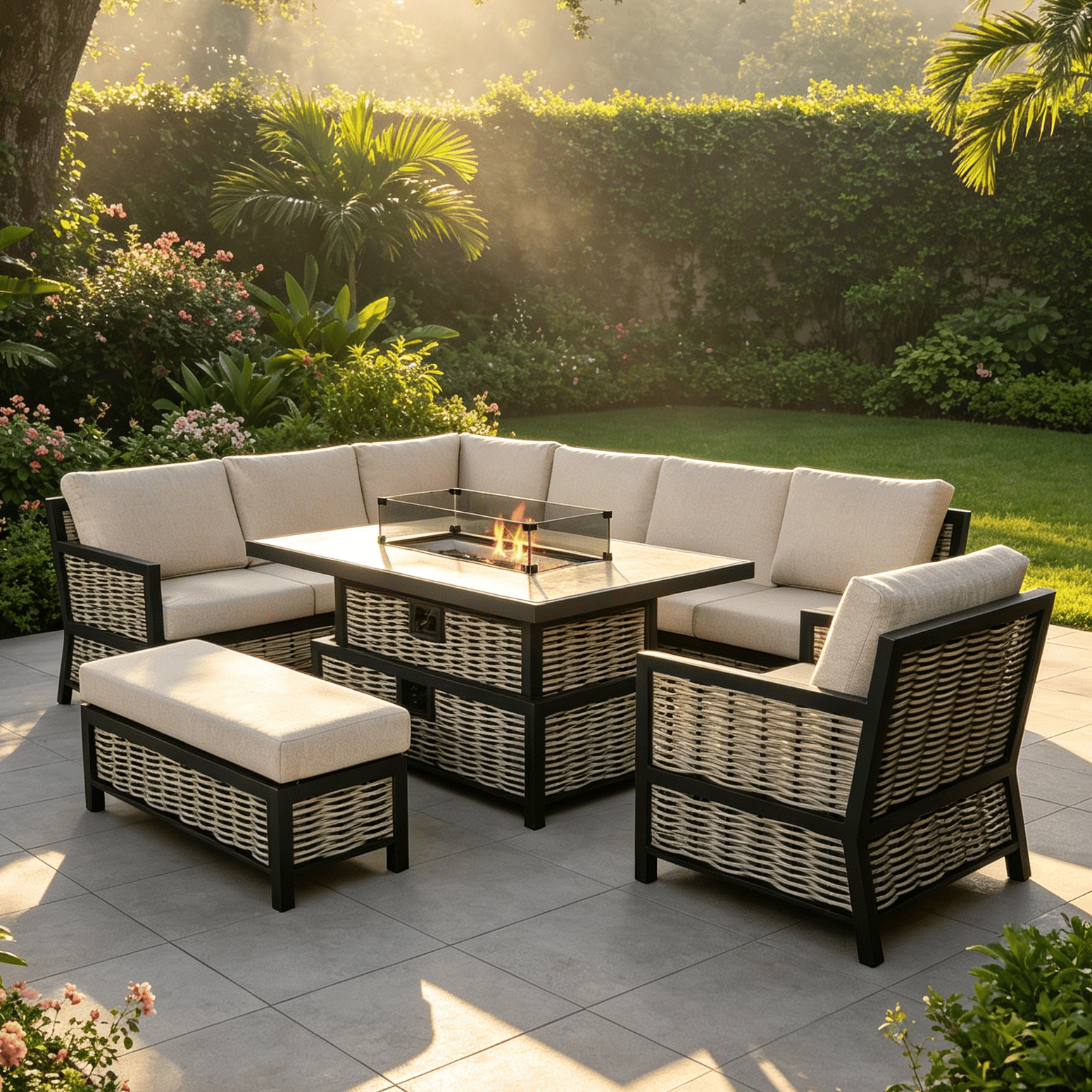 Lumina Range Left Hand Corner Sofa Set with Armchair, Bench and Rising Fire Pit Table