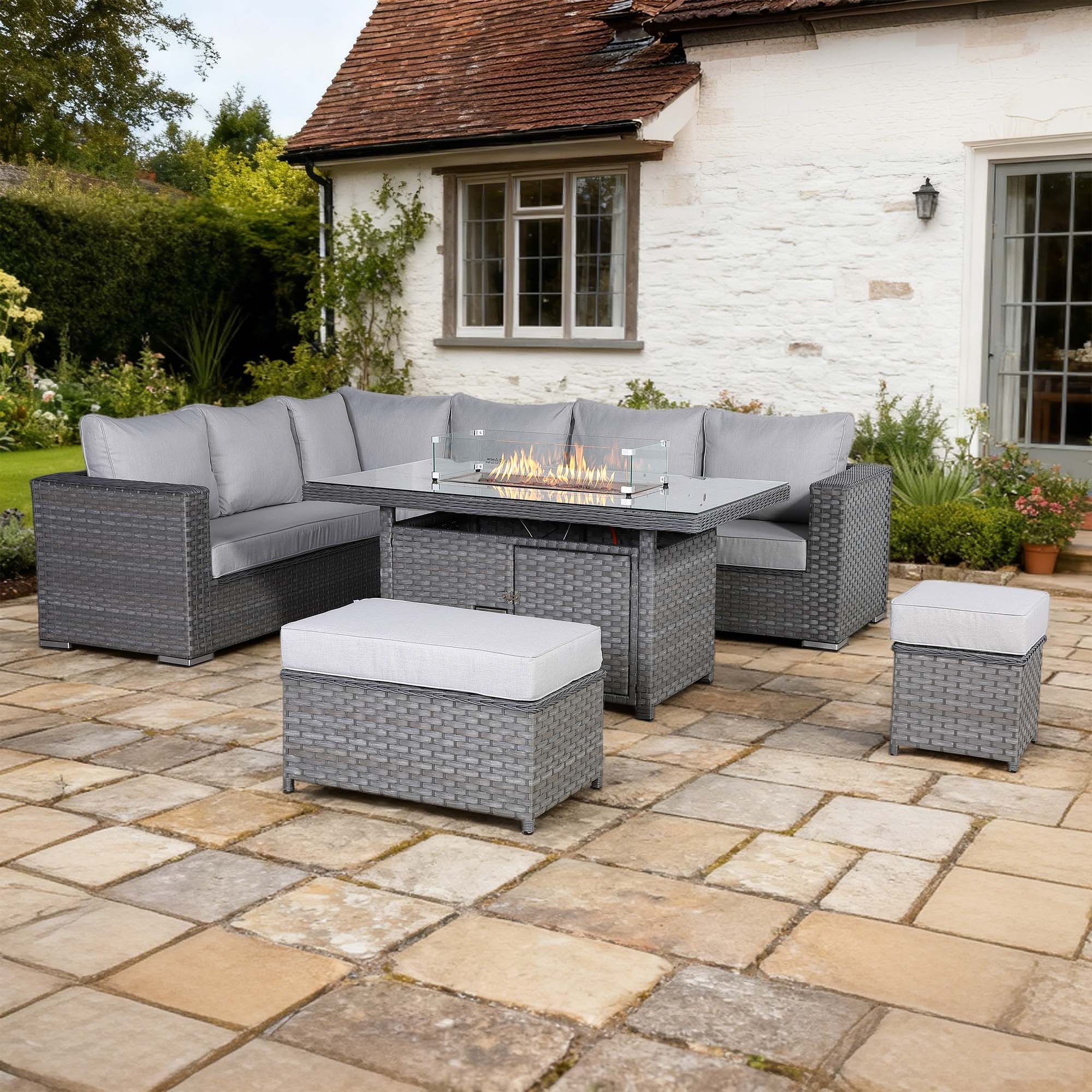 Catalina Range Modular Corner Sofa Set with Fire Pit Table in Large Grey Rattan