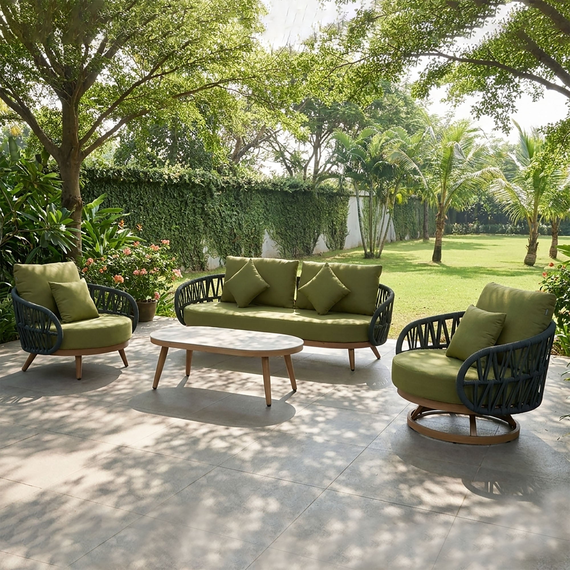 Due in 15/06/26 | Luna Range Olive Green & Anthracite Rope Sofa Set | Premium Outdoor Lounge Furniture