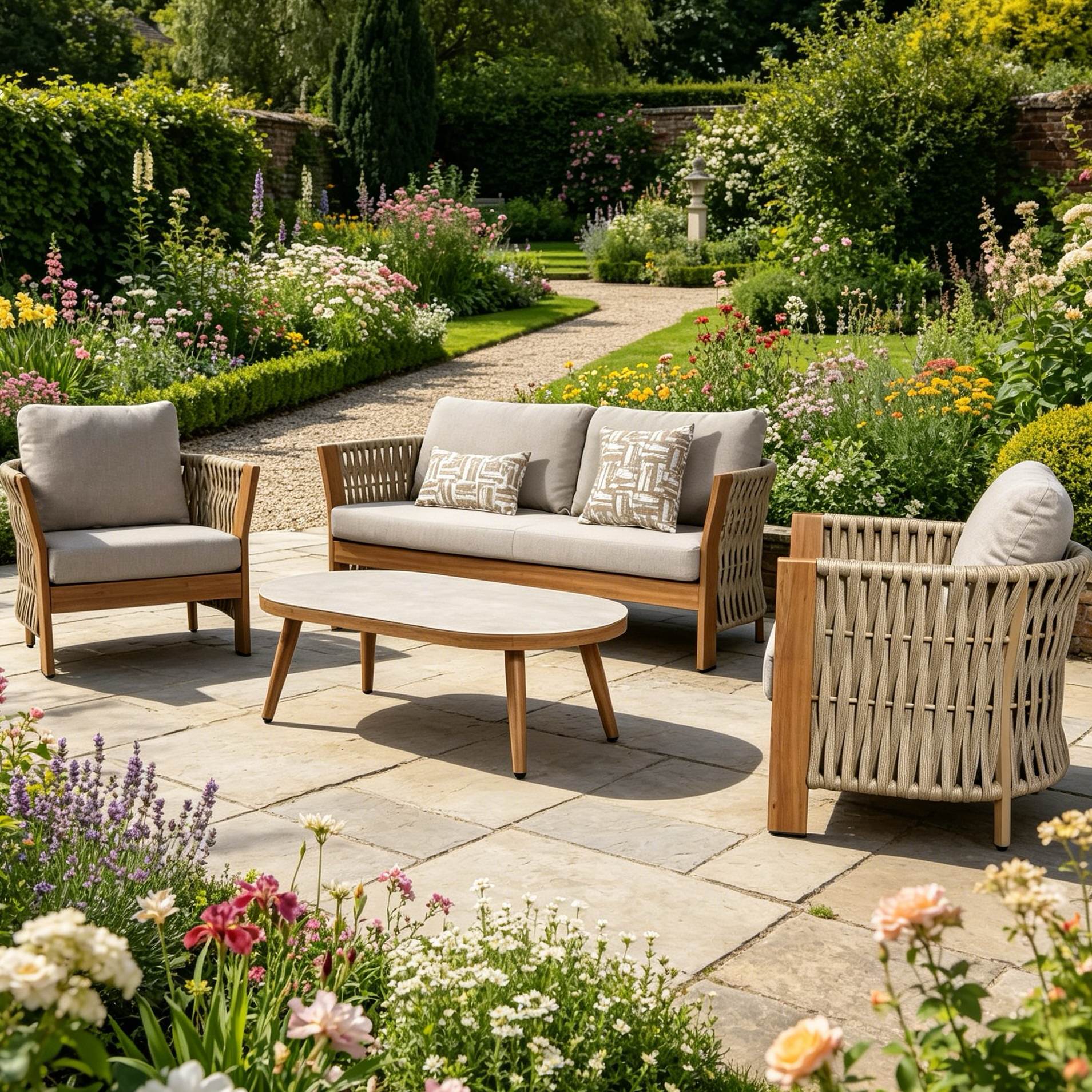 Due in 15/06/26 |Orion Range Natural Rope & Wood-Effect Aluminium Sofa Set | Premium Outdoor Lounge Furniture