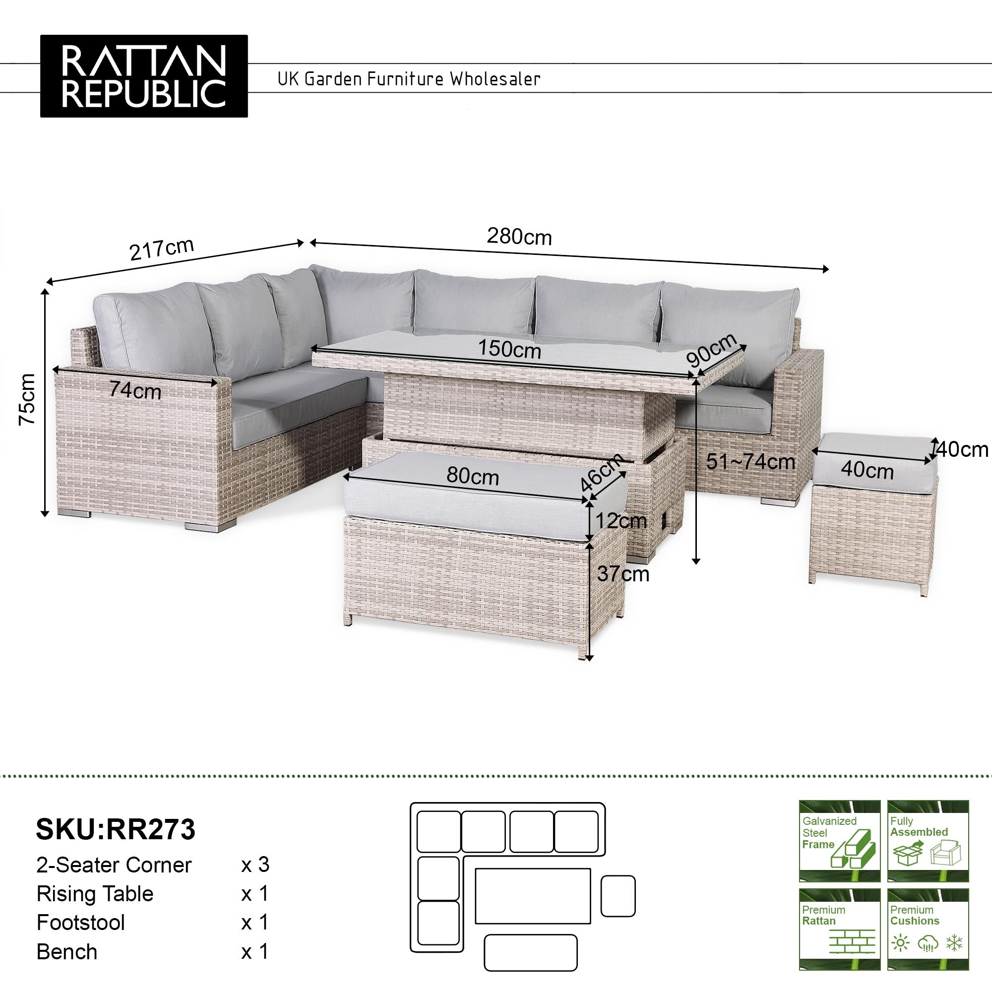 Aurora Range High Back Left Hand  Corner Sofa Set with Rising Table