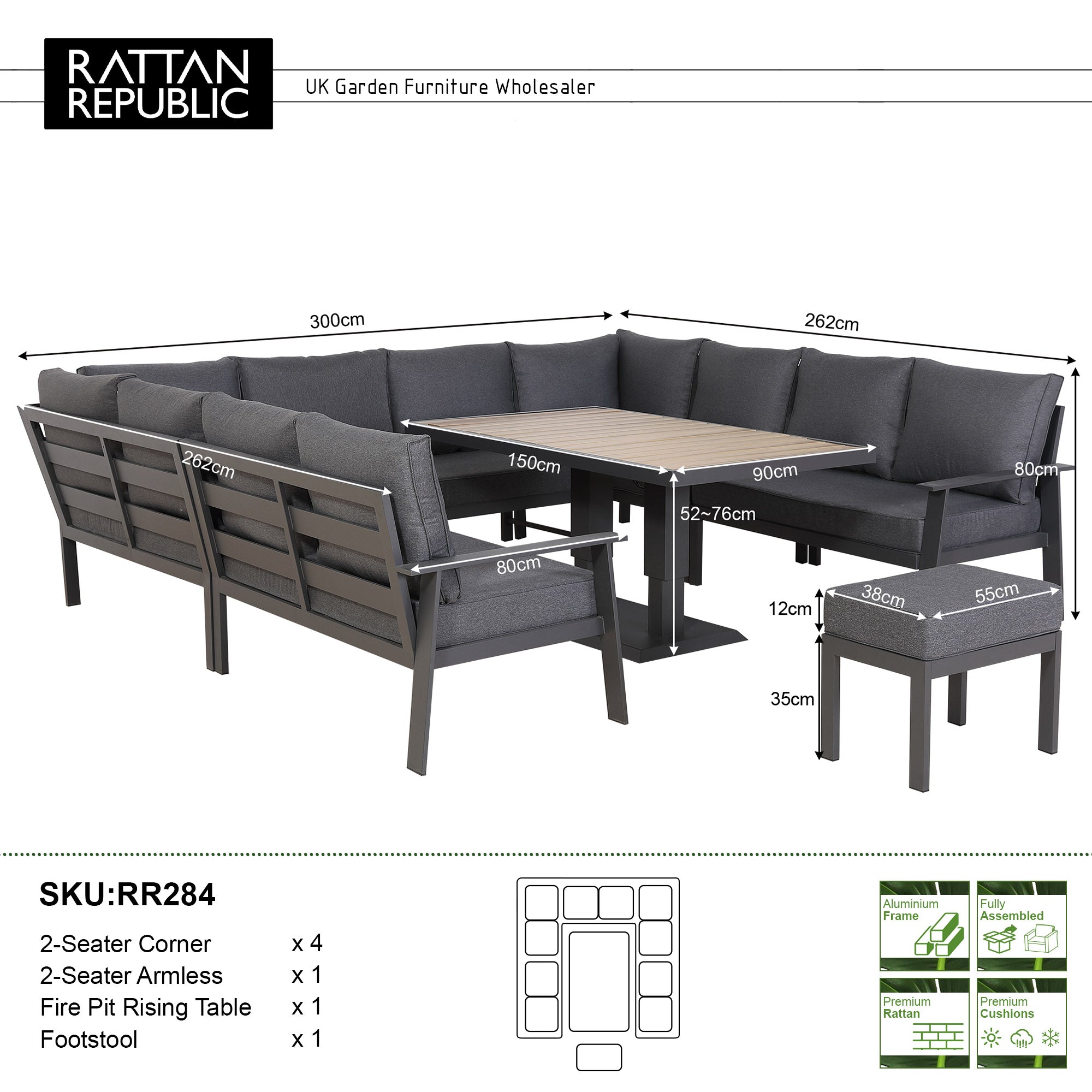Titan Range U-Shape Corner Sofa Set with Rising Table