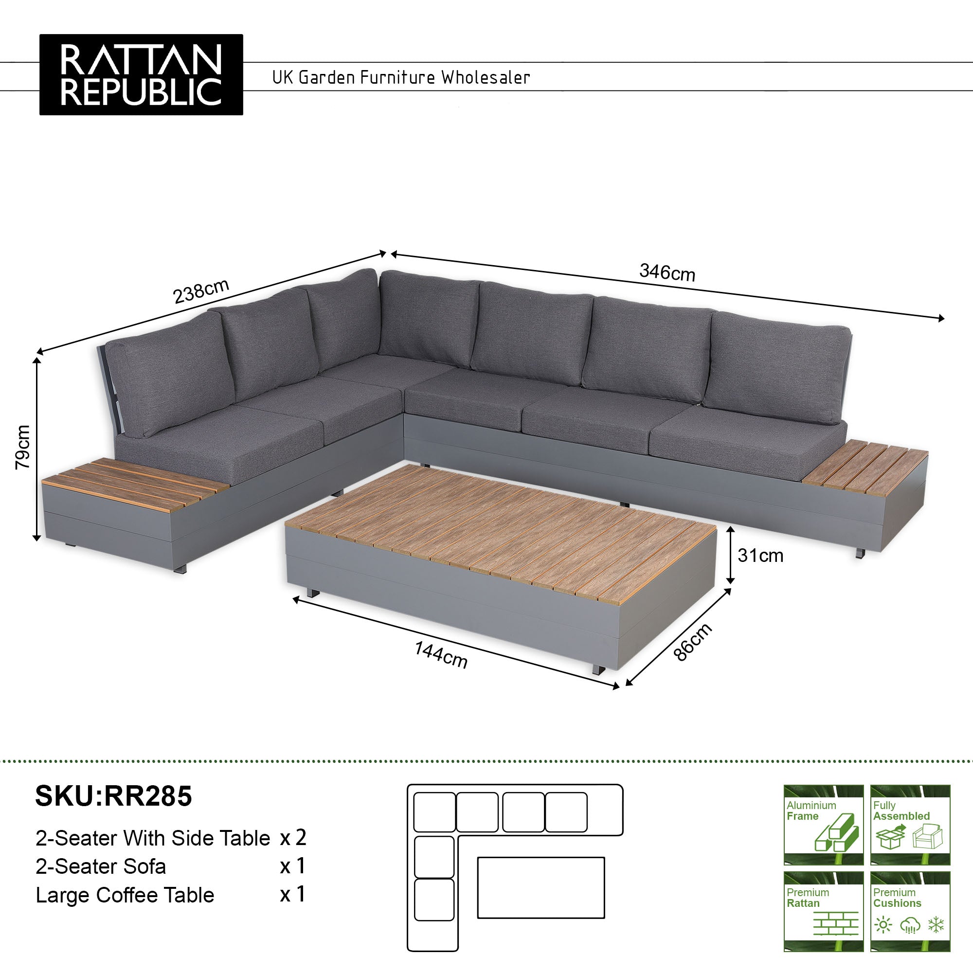 Titan Range Aluminium L-Shape Corner Sofa Set with Wood Top Coffee Table