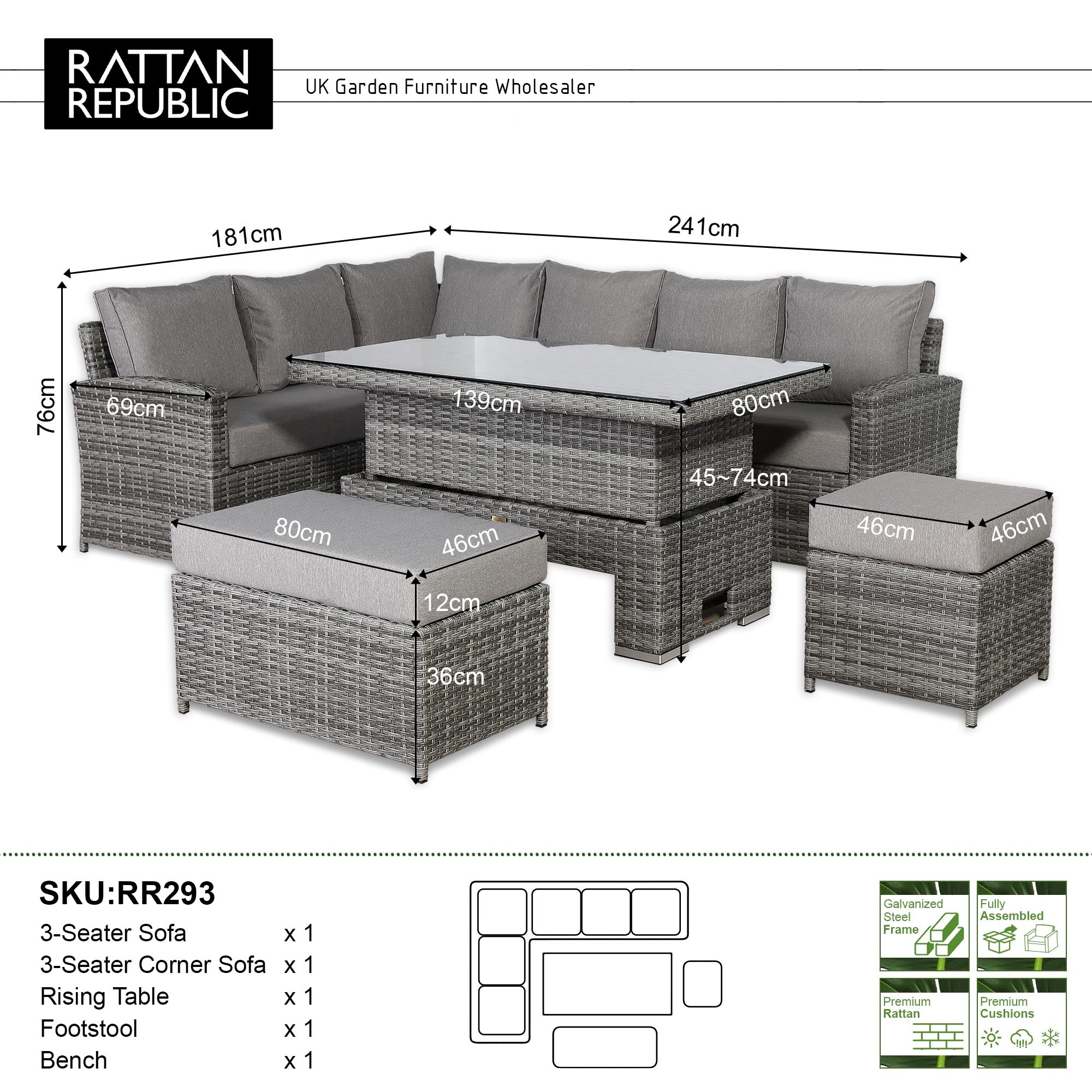 Sloane Range Left Hand Corner Sofa Set with Rising Table in Dark Grey Weave