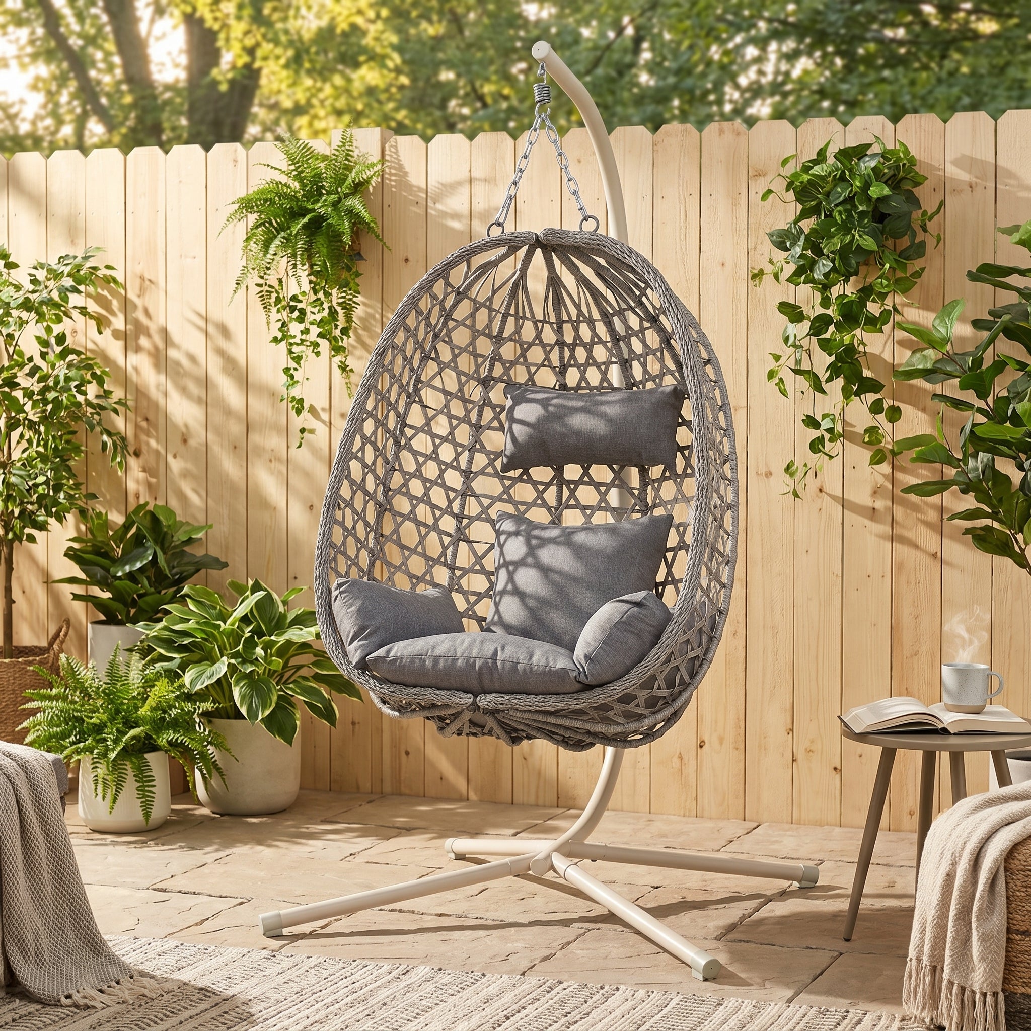 Nest Hanging Egg Swing Chair with Stand, Thick Showerproof Cushions, for Living Room,Balcony or Outdoor, Grey Weave & Beige Stand(RR-EC-01)
