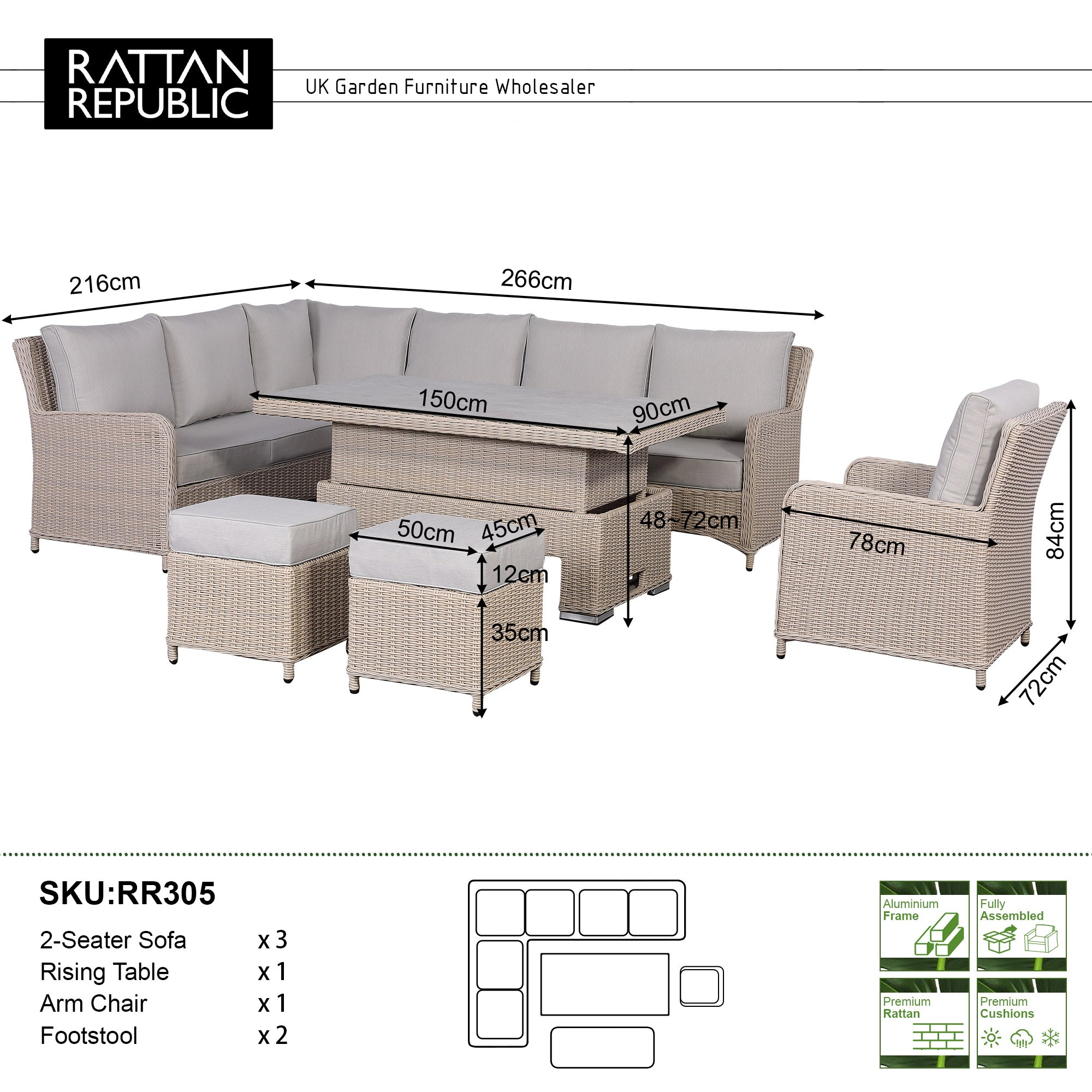 Oxford Range Left Hand Corner Sofa Set with Armchair, Footstools and Rising Table