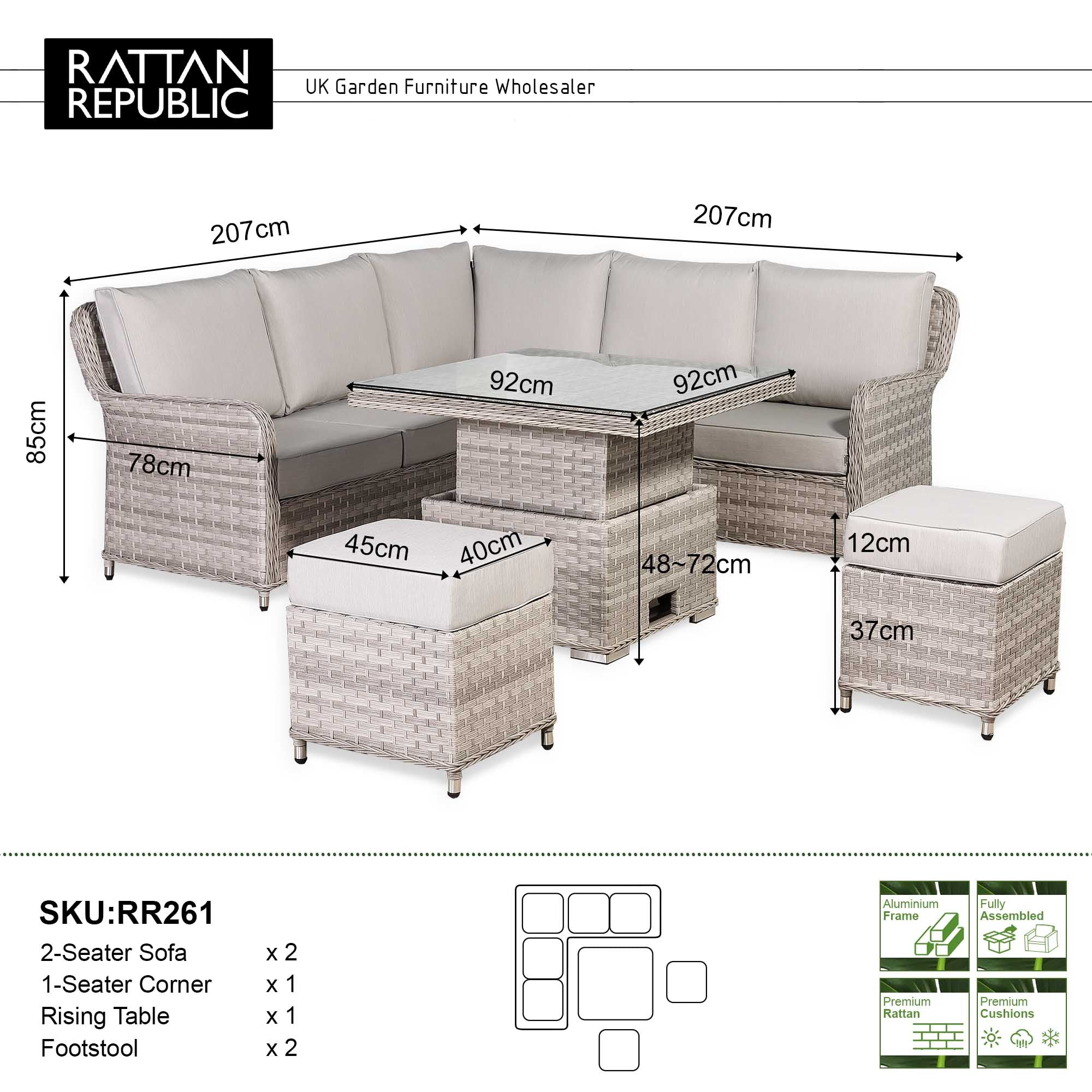 Havana Range Square Corner Sofa Set with Rising Table