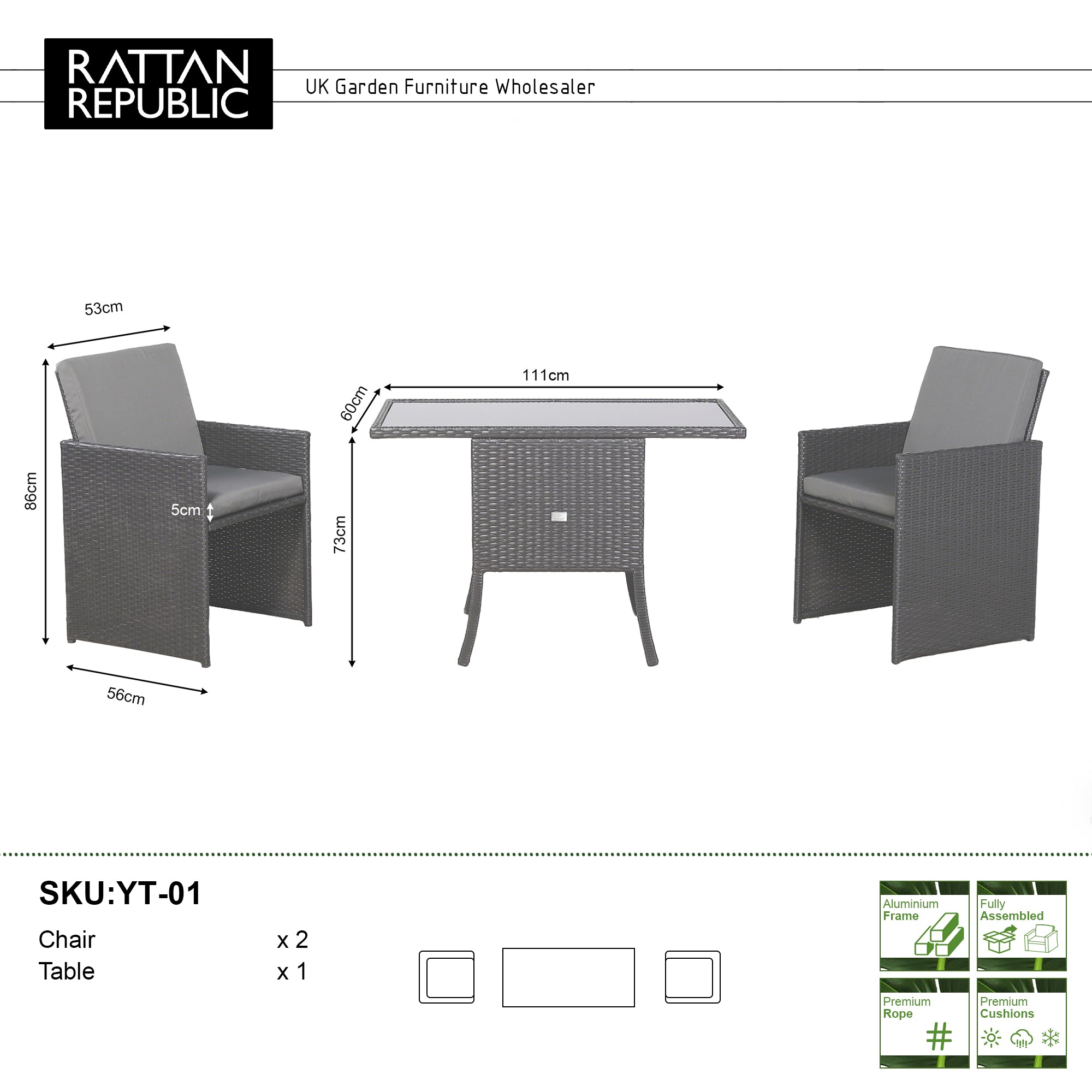 Rattan Republic Luxury 3-Piece Cube Garden Bistro Set – Elegant Blackish Brown Wicker Furniture for Balcony & Patio