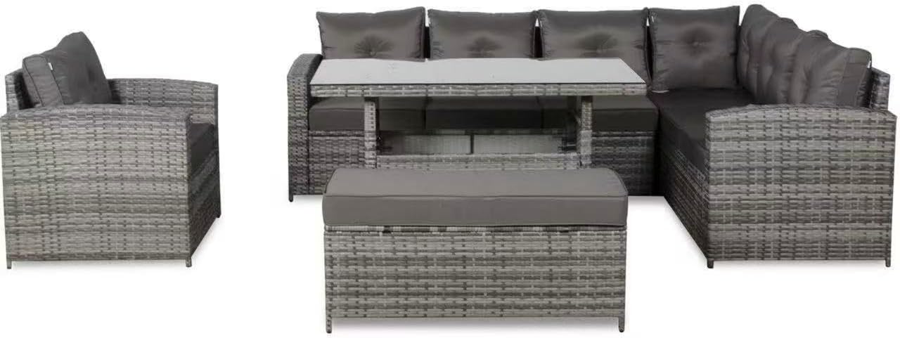 SALE | Henley Range Elite Rhf Corner Sofa Set with Dining Table and Arm Chair in Grey Rattan