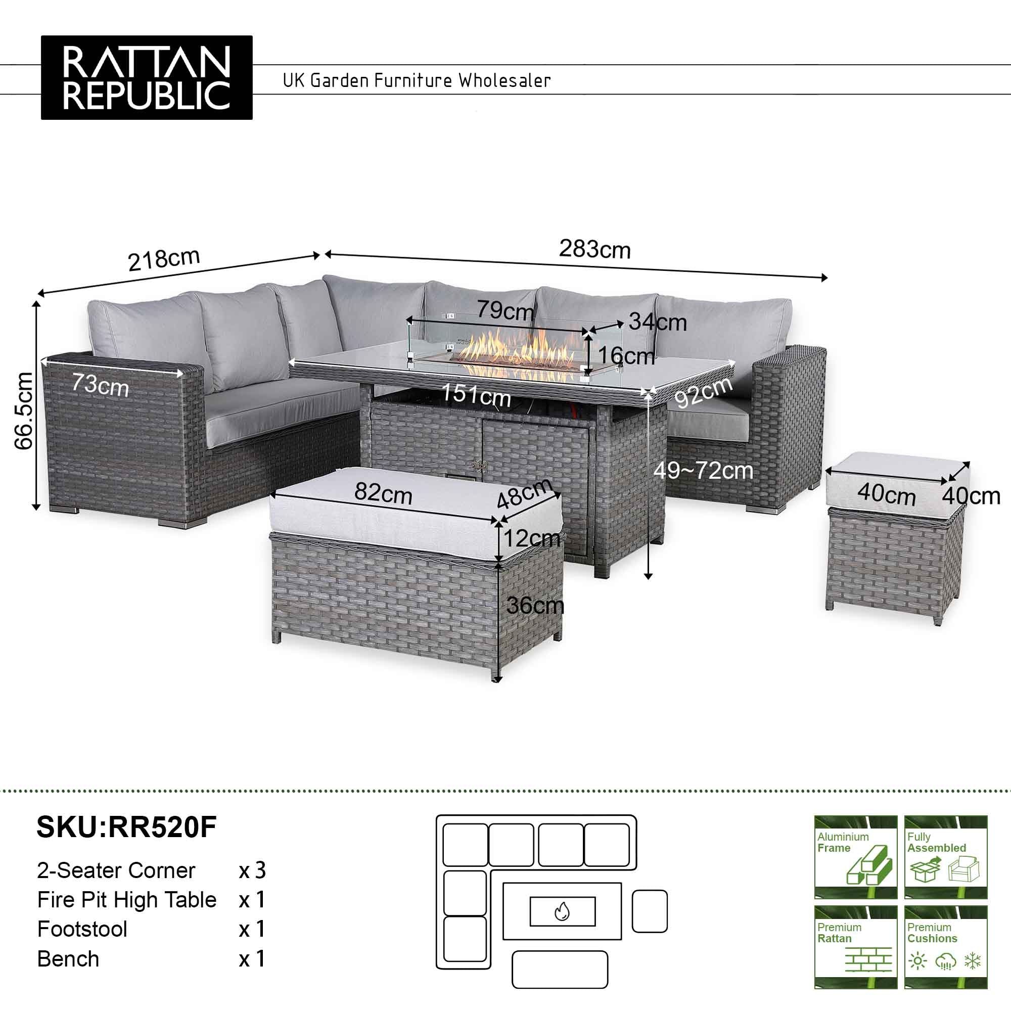 Catalina Range Modular Corner Sofa Set with Fire Pit Table in Large Grey Rattan