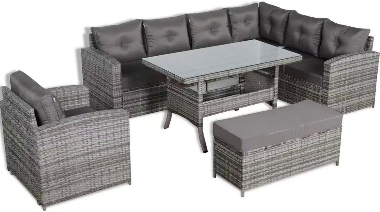 SALE | Henley Range Elite Rhf Corner Sofa Set with Dining Table and Arm Chair in Grey Rattan