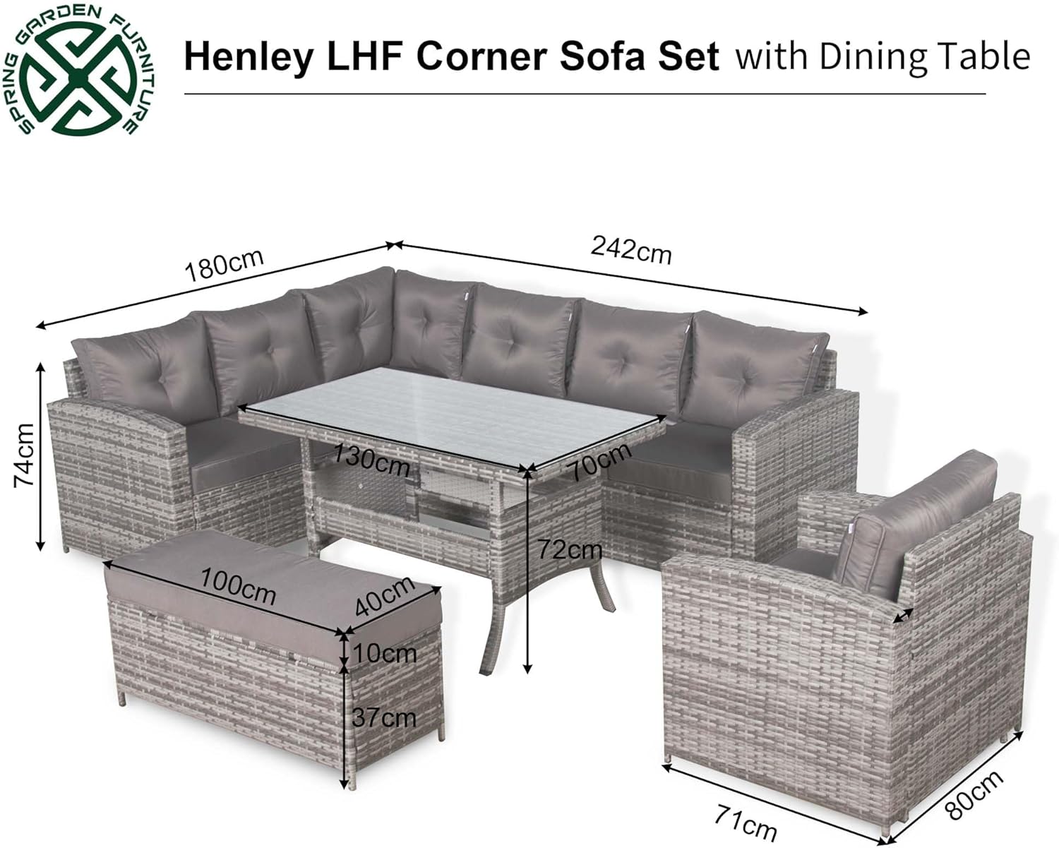 SALE | Henley Range Elite Lhf Corner Sofa Set with Dining Table and Arm Chair in Grey Rattan