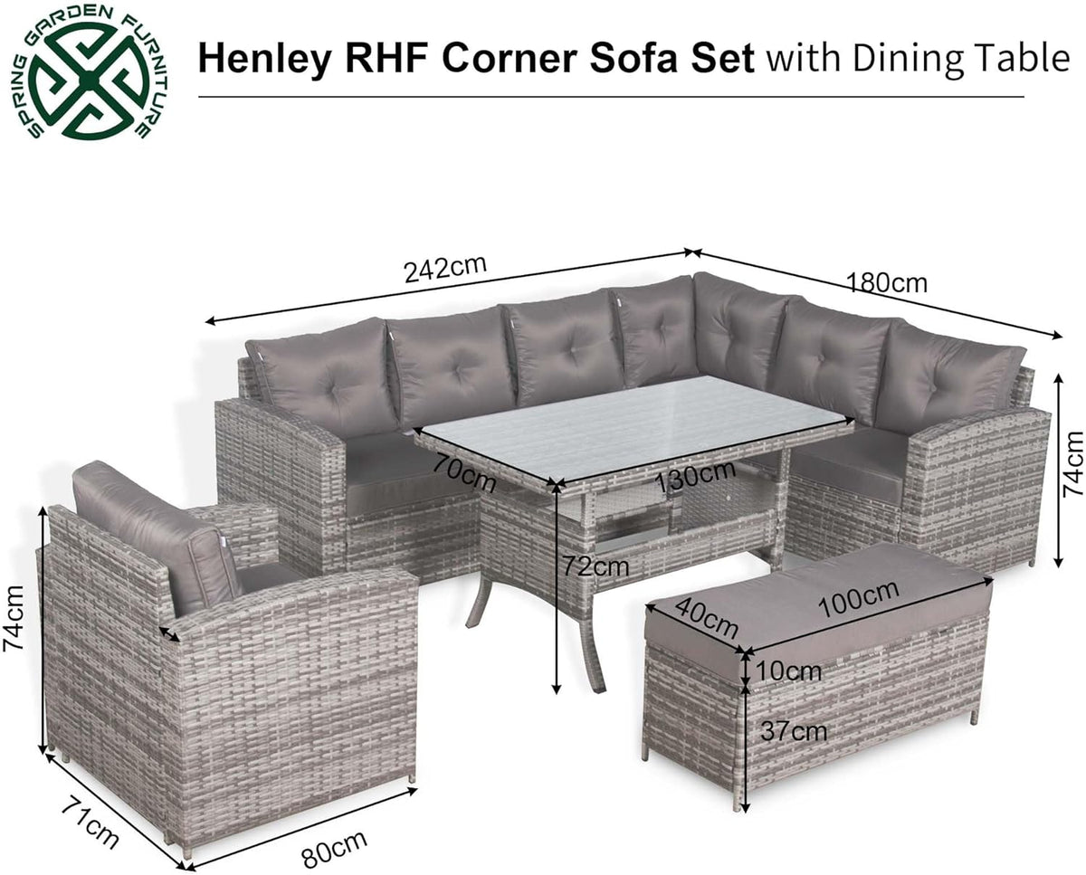SALE | Henley Range Elite Rhf Corner Sofa Set with Dining Table and Arm Chair in Grey Rattan