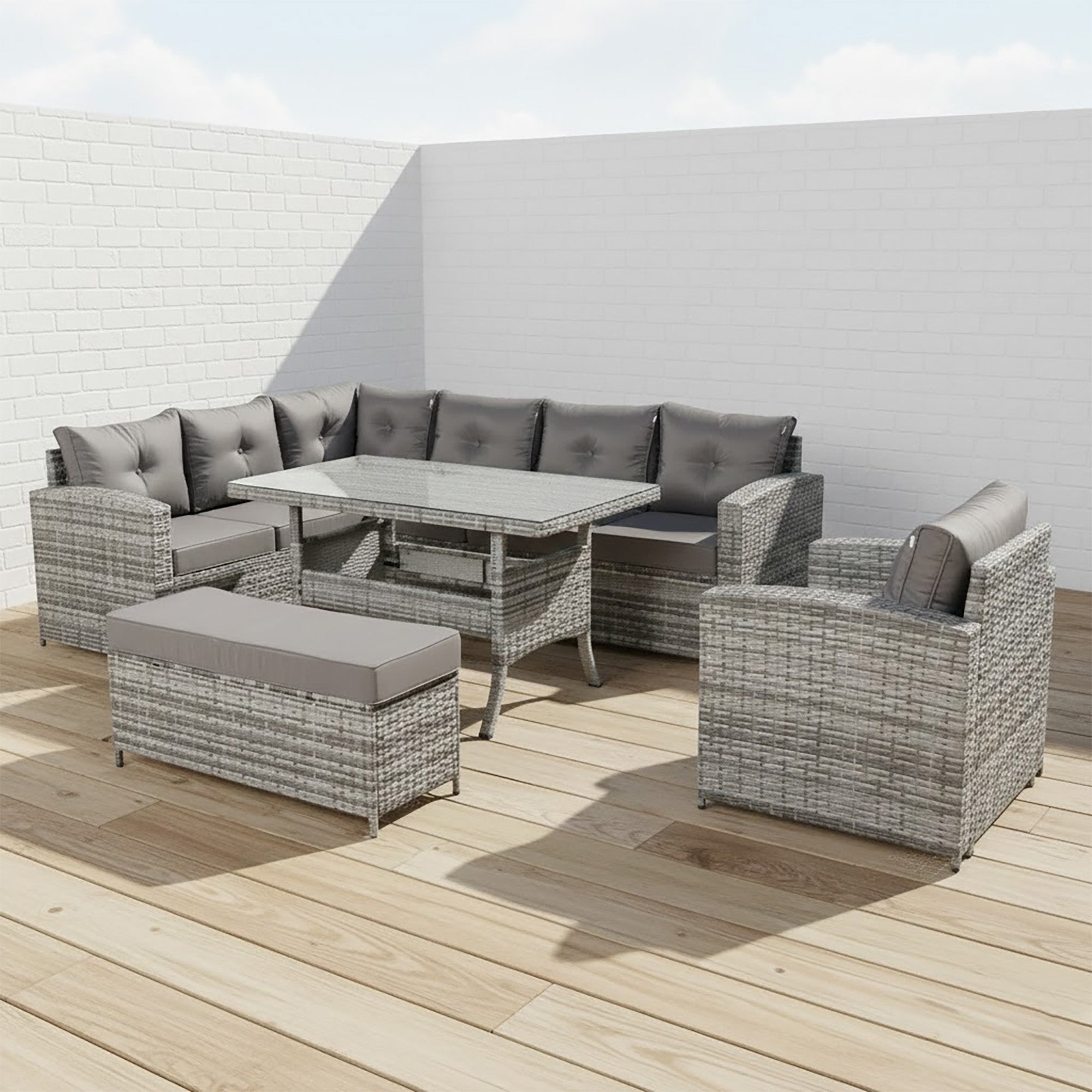 SALE | Henley Range Elite Lhf Corner Sofa Set with Dining Table and Arm Chair in Grey Rattan