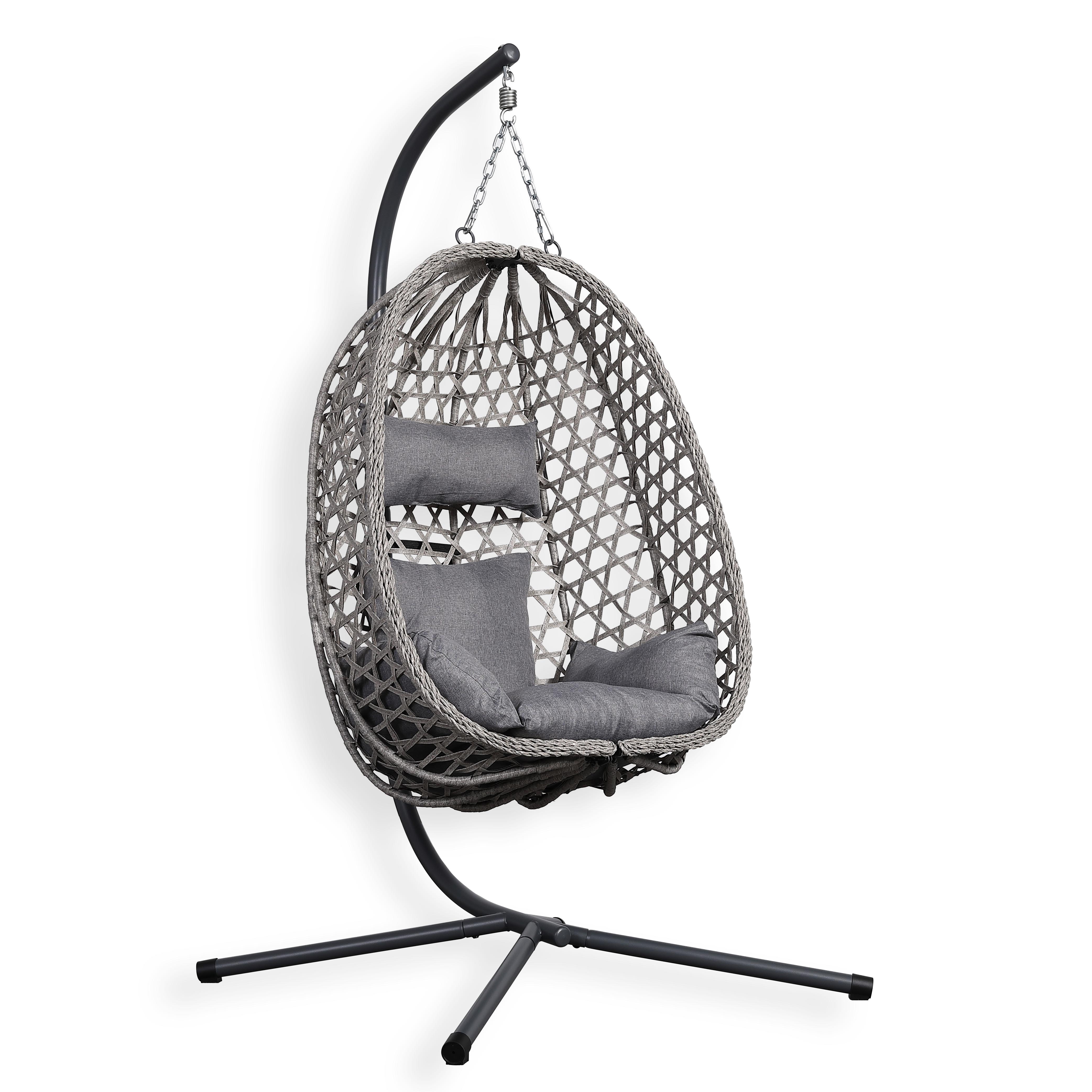 Nest Hanging Egg Chair with Stand, Thick Showerproof Cushions, for Living Room,Balcony or Outdoor, Grey Weave & Black Stand (RR-EC-02)