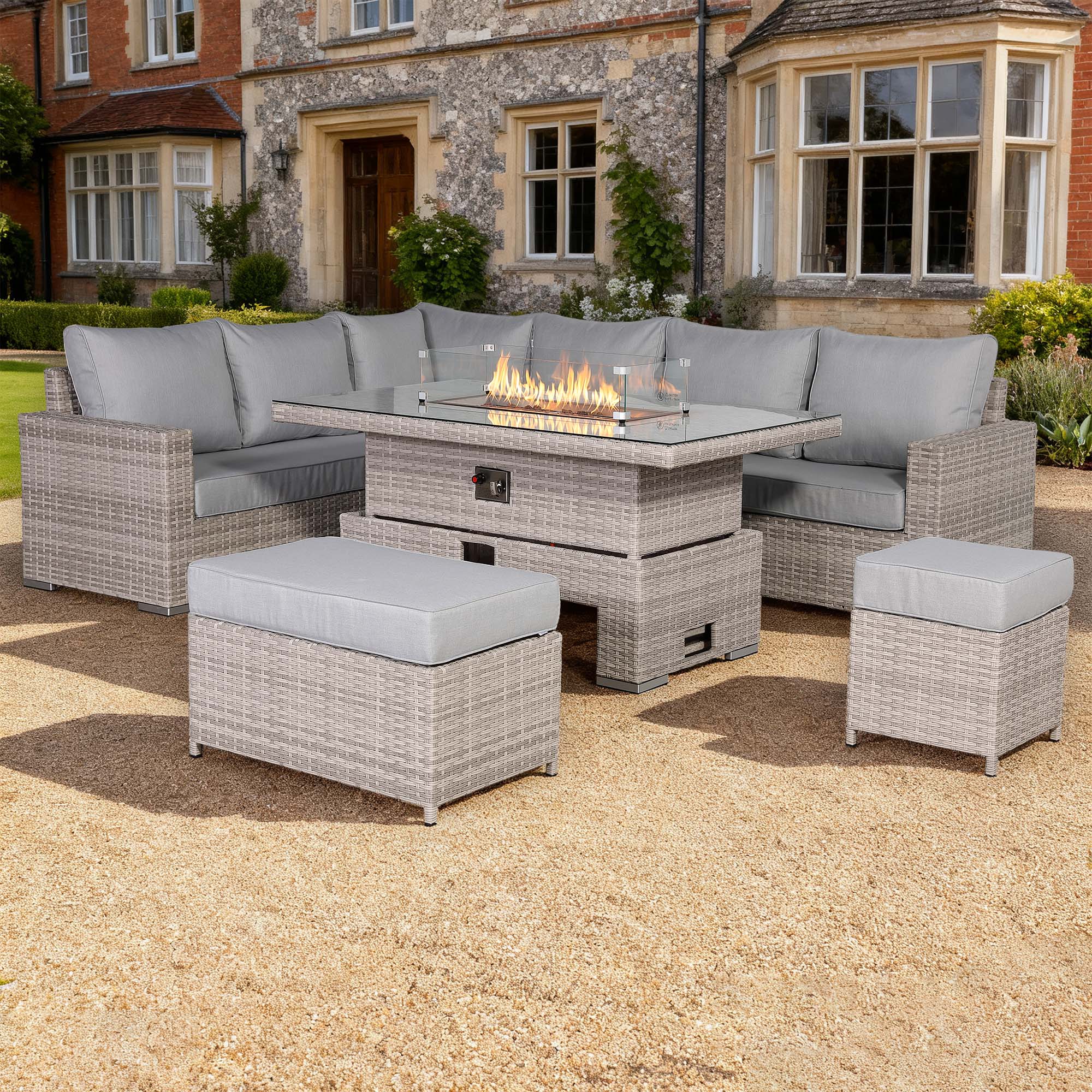 Aurora Range High Back Right Hand Corner Sofa Set with Fire Pit Rising Table